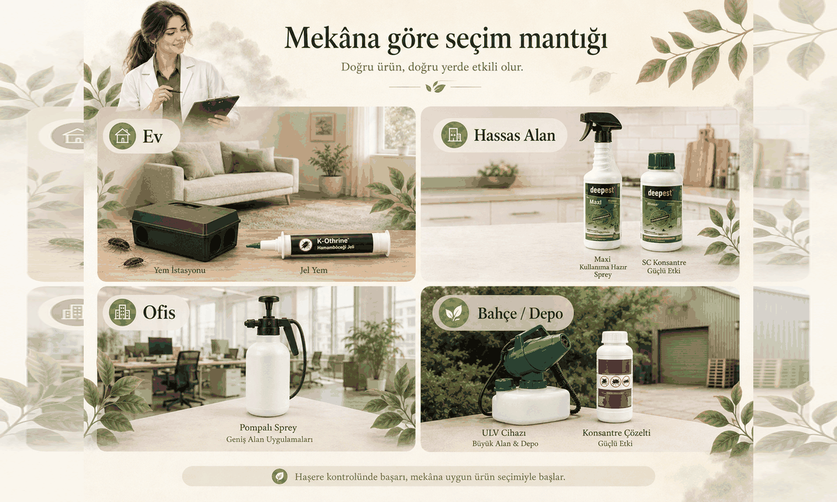 Gerçek ürünler üzerinden ev, iş yeri ve açık alan için farklı ürün seçimlerini gösteren infokart