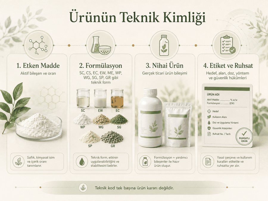 Etken madde, formülasyon, nihai ürün ve etiket-ruhsat katmanlarını gösteren teknik ürün kimliği infokartı