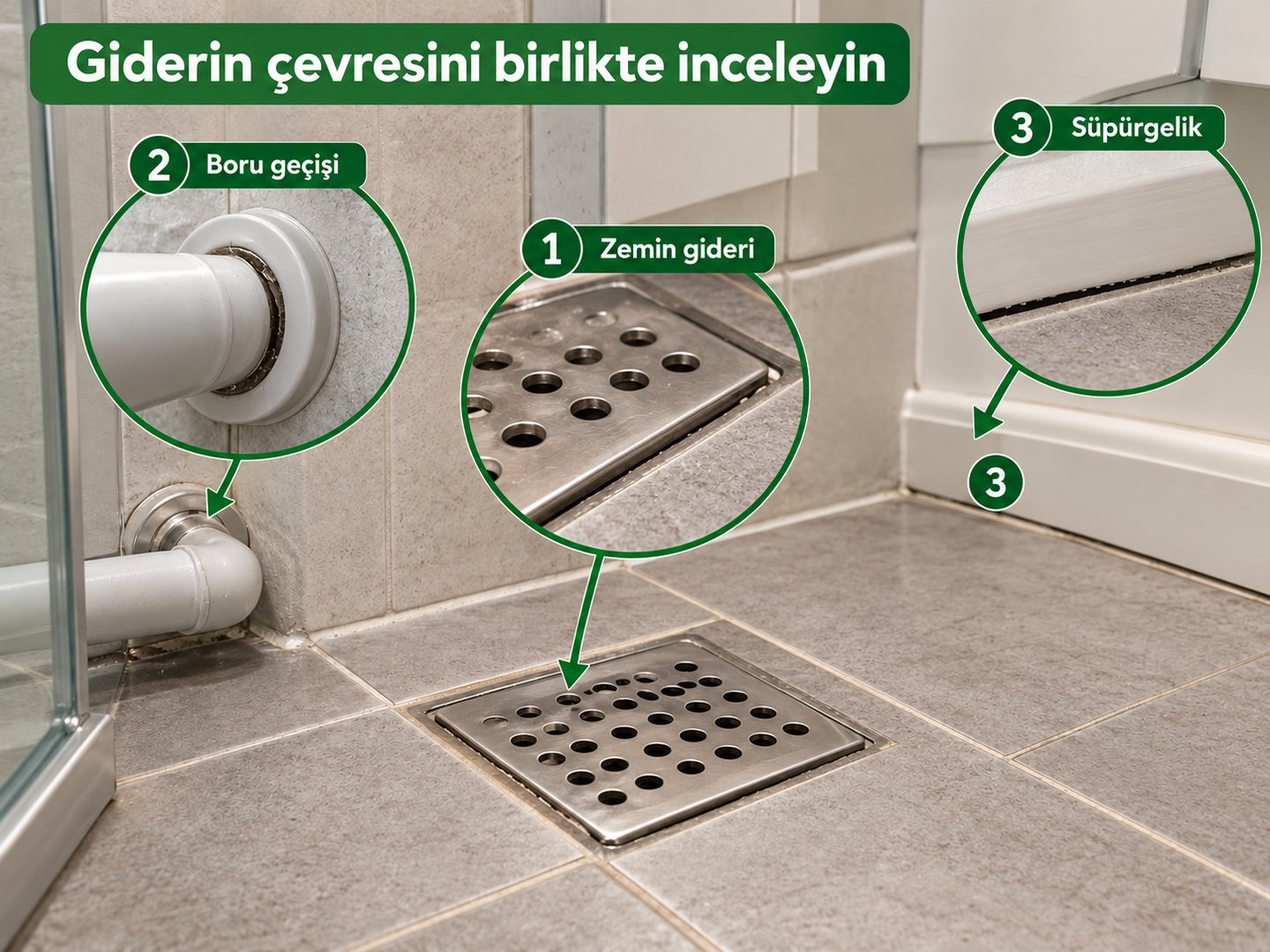 Zemin gideri, yakındaki boru geçişi ve süpürgeliğin genel haritası