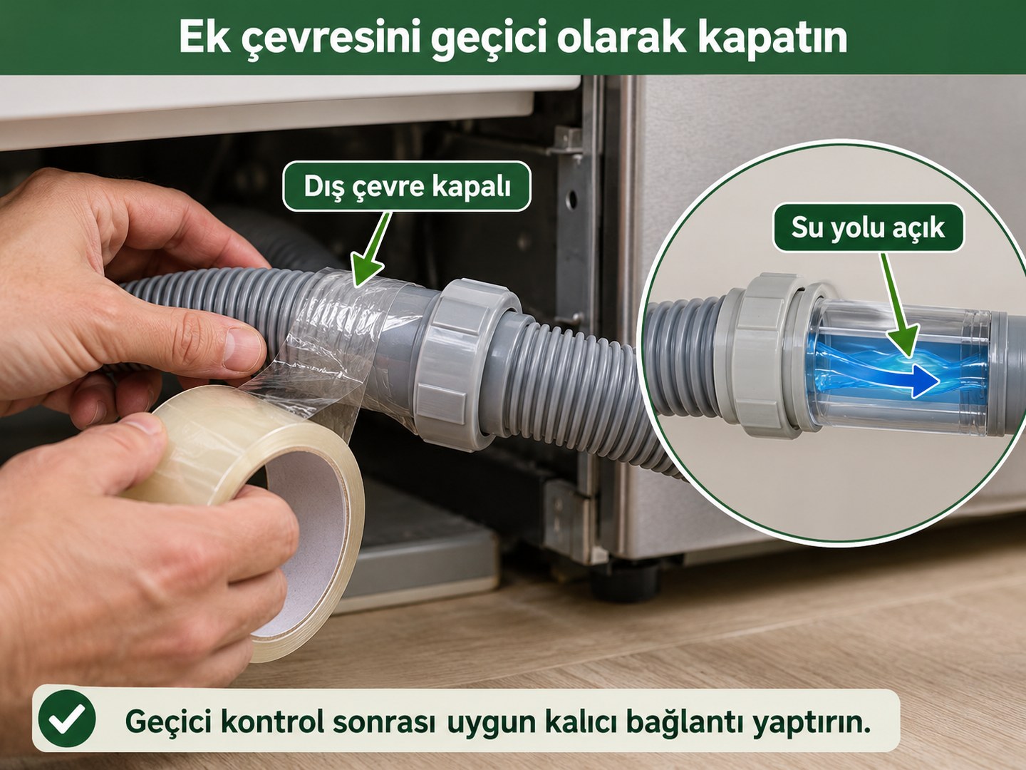 Geçici dış bantla ek çevresinin kontrolü ve açık kalan su akışı