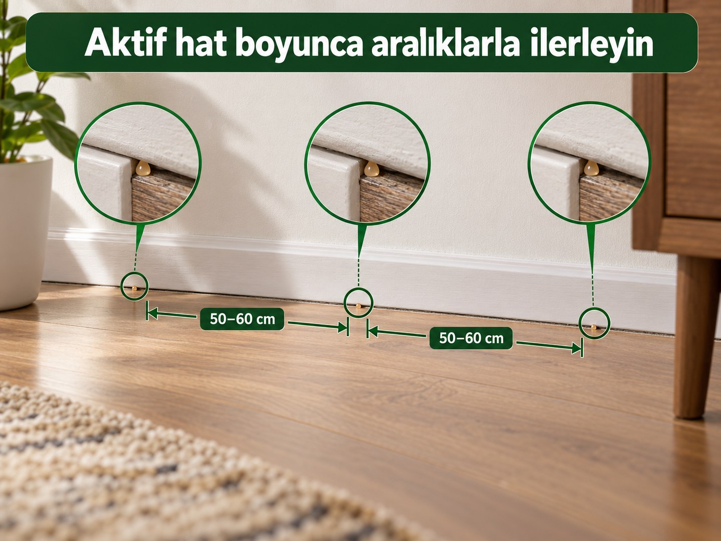 Yaklaşık 50-60 cm aralıklı uygulamanın oda kenarındaki görünümü