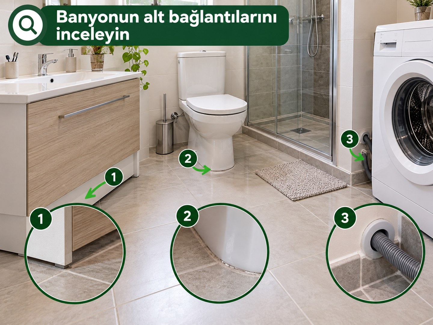 Banyo ve WC içindeki alt birleşimlerin genel kontrol haritası