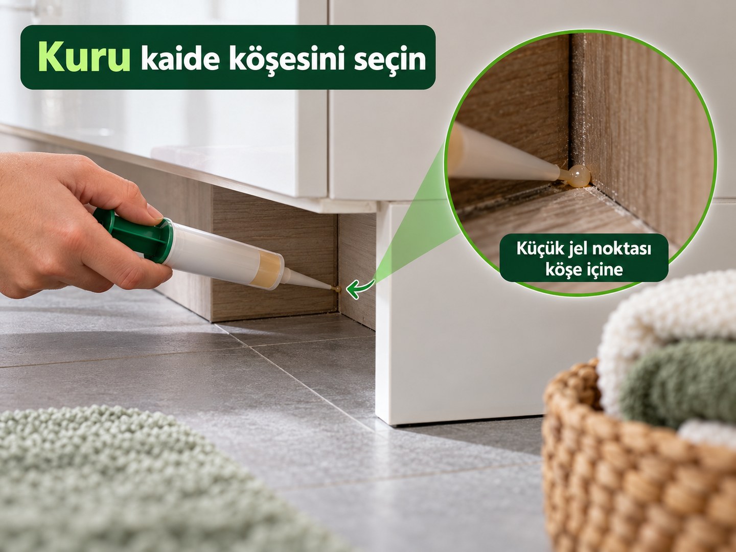Banyo dolabı kaidesinin kuru iç köşesinde jel noktası