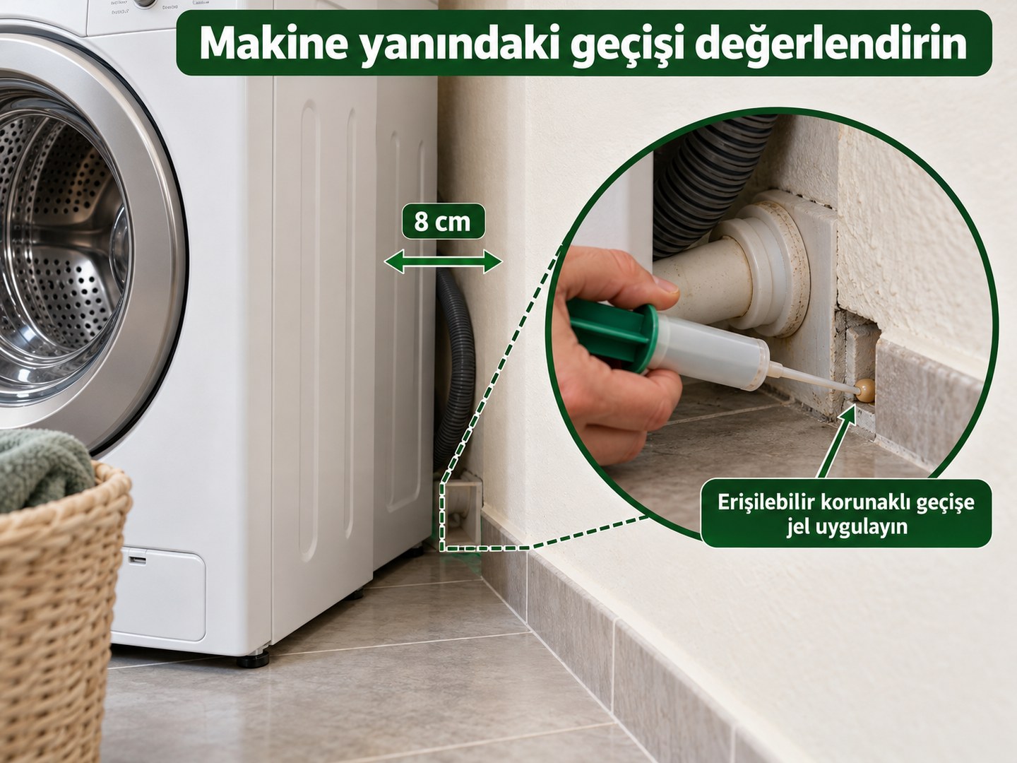 Çamaşır makinesi yanındaki erişilebilir korunaklı geçiş