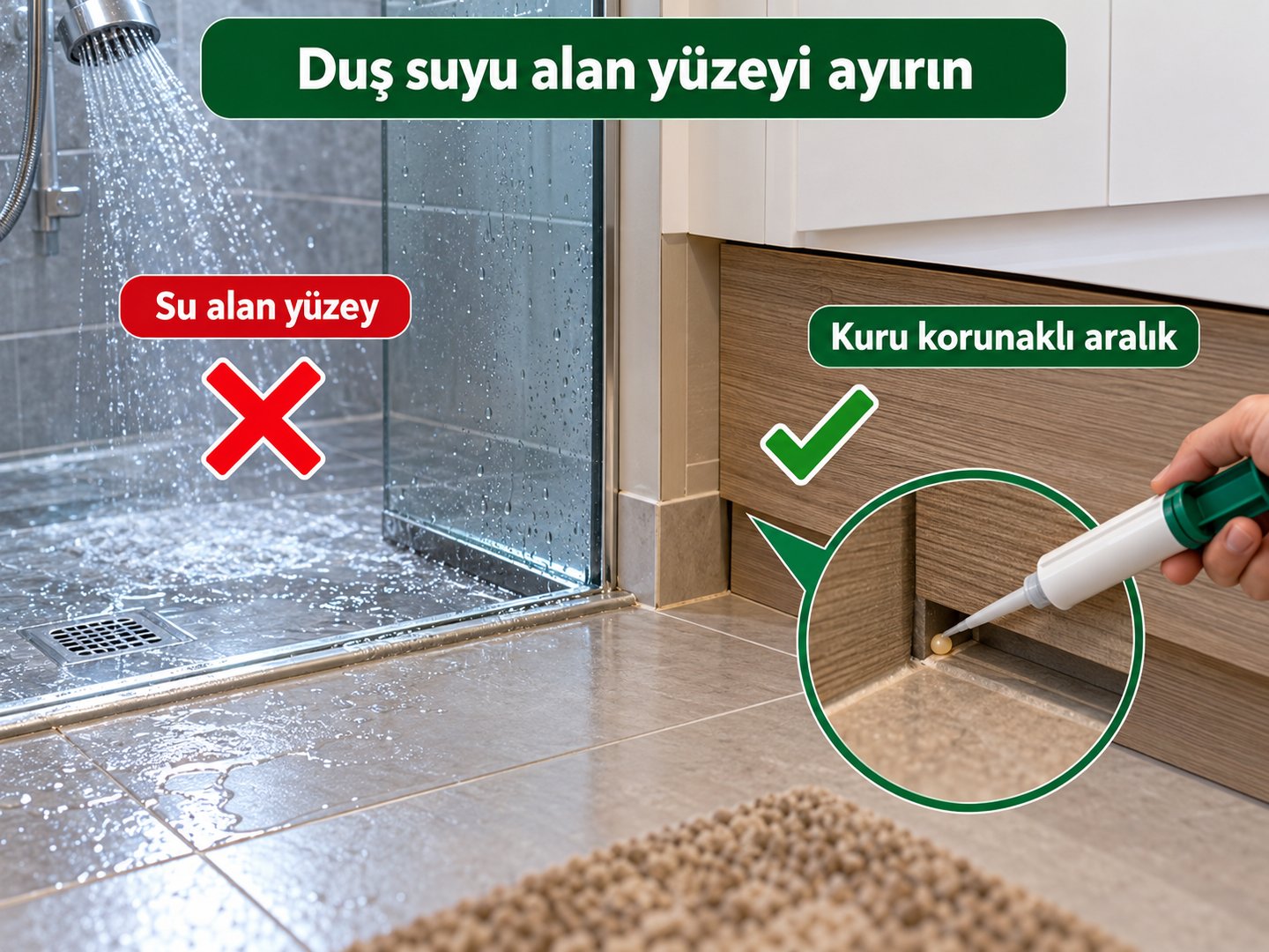 Duş suyu alan yüzey ile kuru kalan uygun noktanın ayrımı