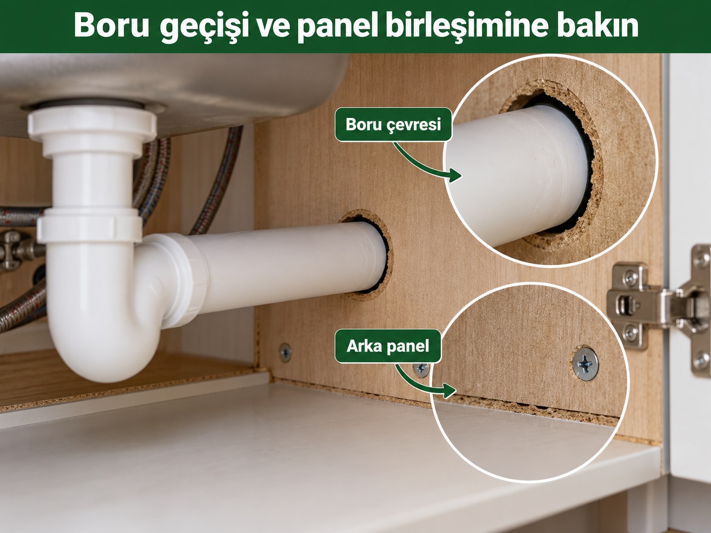 Boru geçişi ile arka panel birleşiminin yakın görünümü