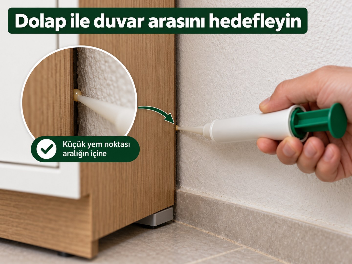 Dolabın duvarla birleştiği kuru aralıkta küçük yem noktası