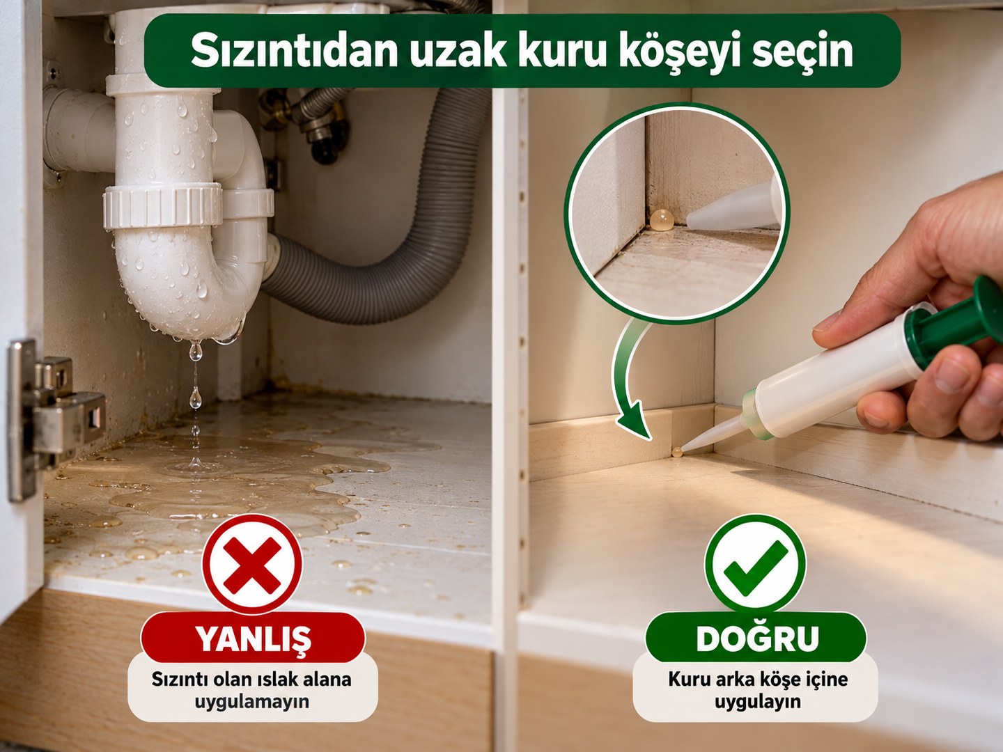 Sızıntı alan yüzeyden ayrı kuru kaide köşesinin seçilmesi