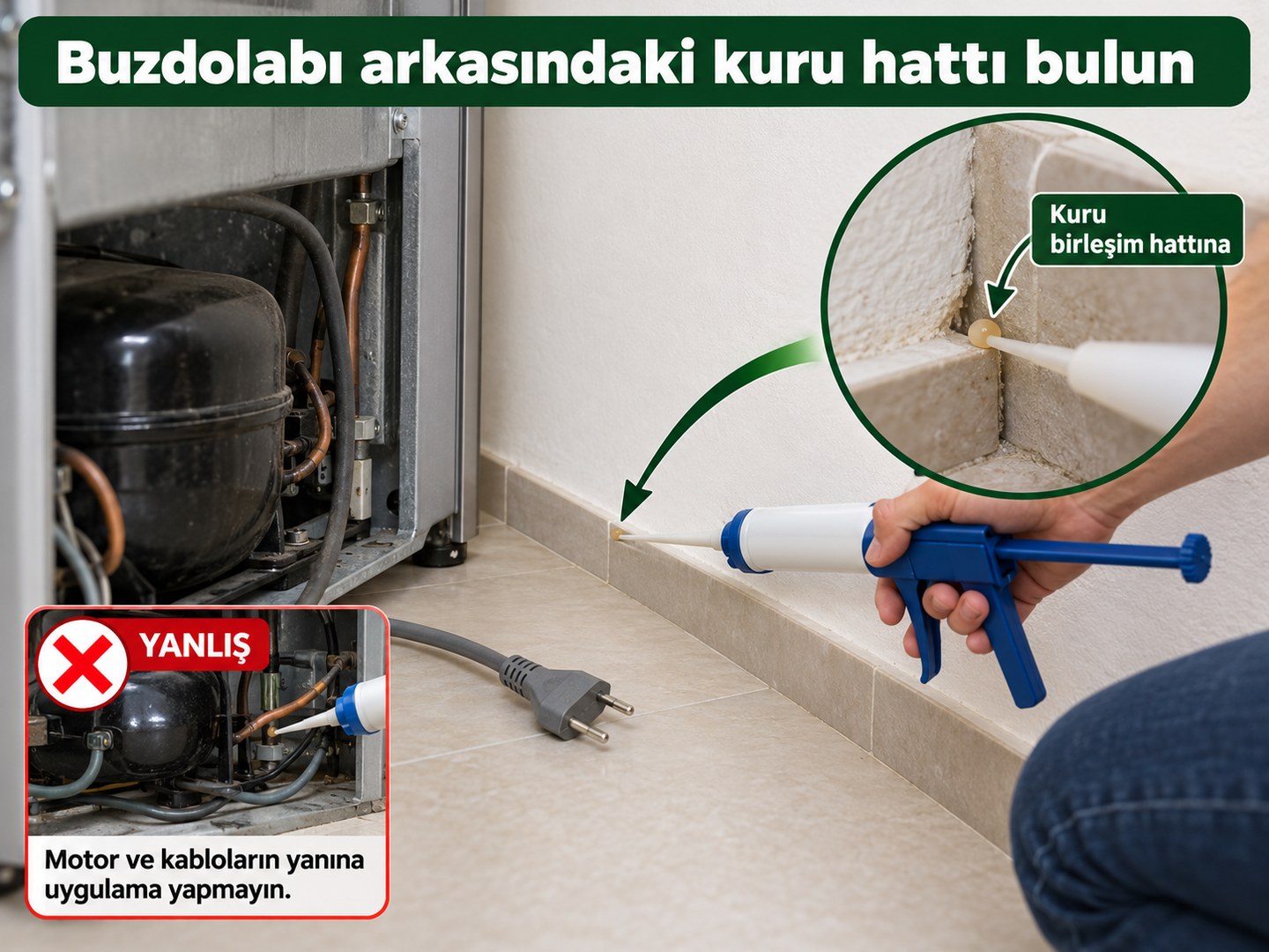 Buzdolabı arkasında duvar-zemin birleşimine hedefli uygulama
