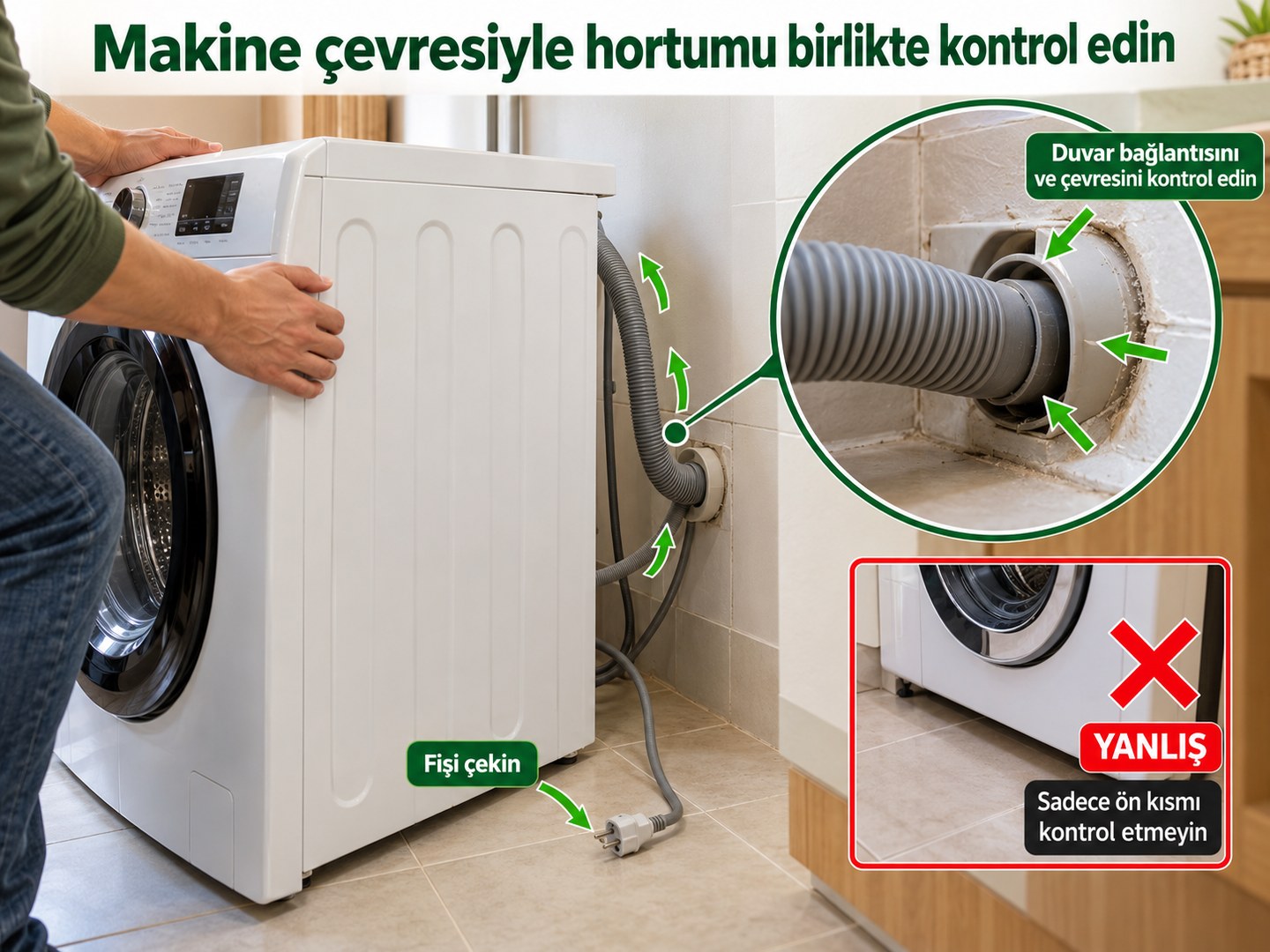 Çamaşır makinesi çevresi ve gider hortumunun birlikte kontrolü