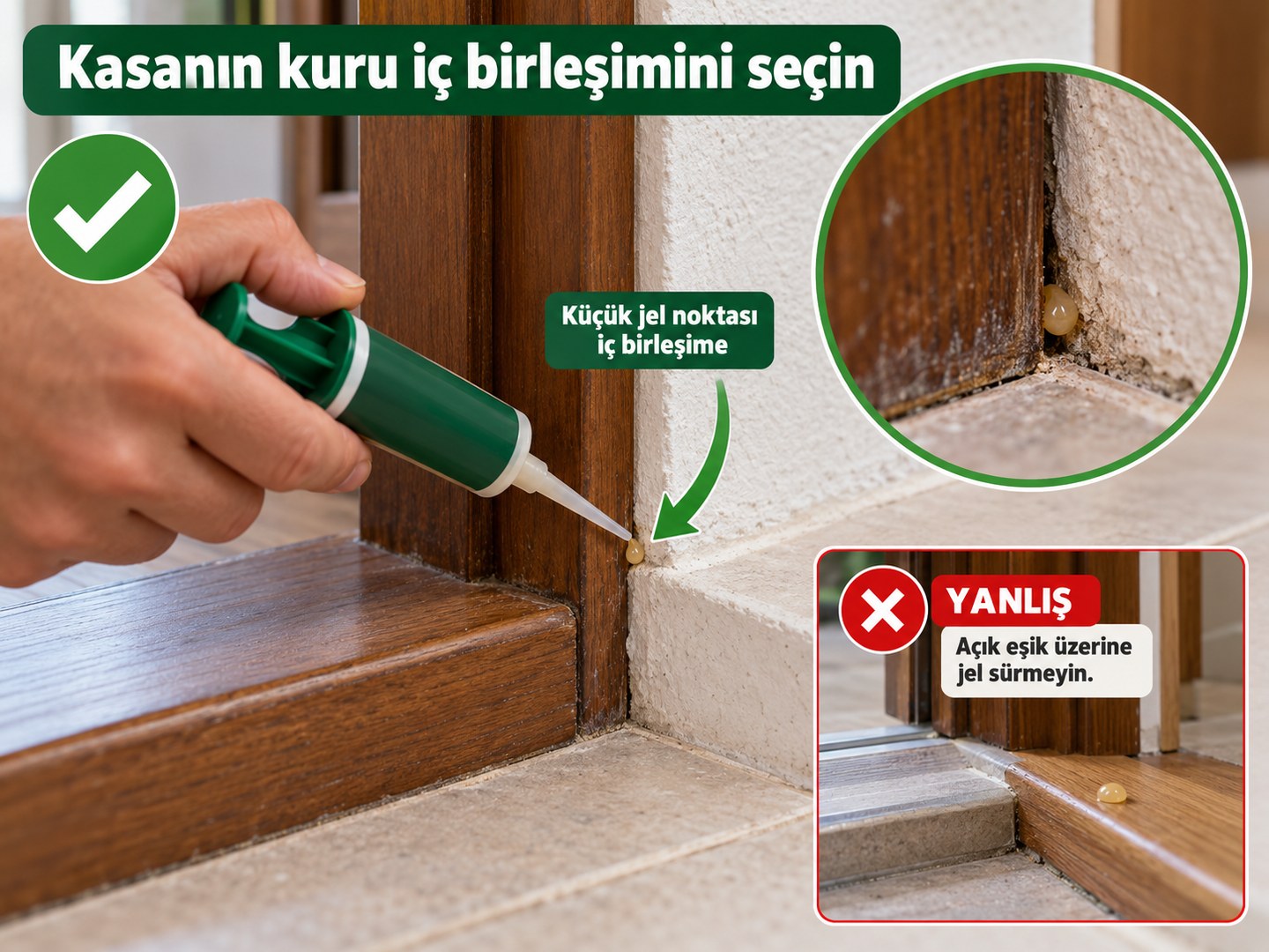 Kapı kasasının kuru iç birleşiminde küçük jel noktası