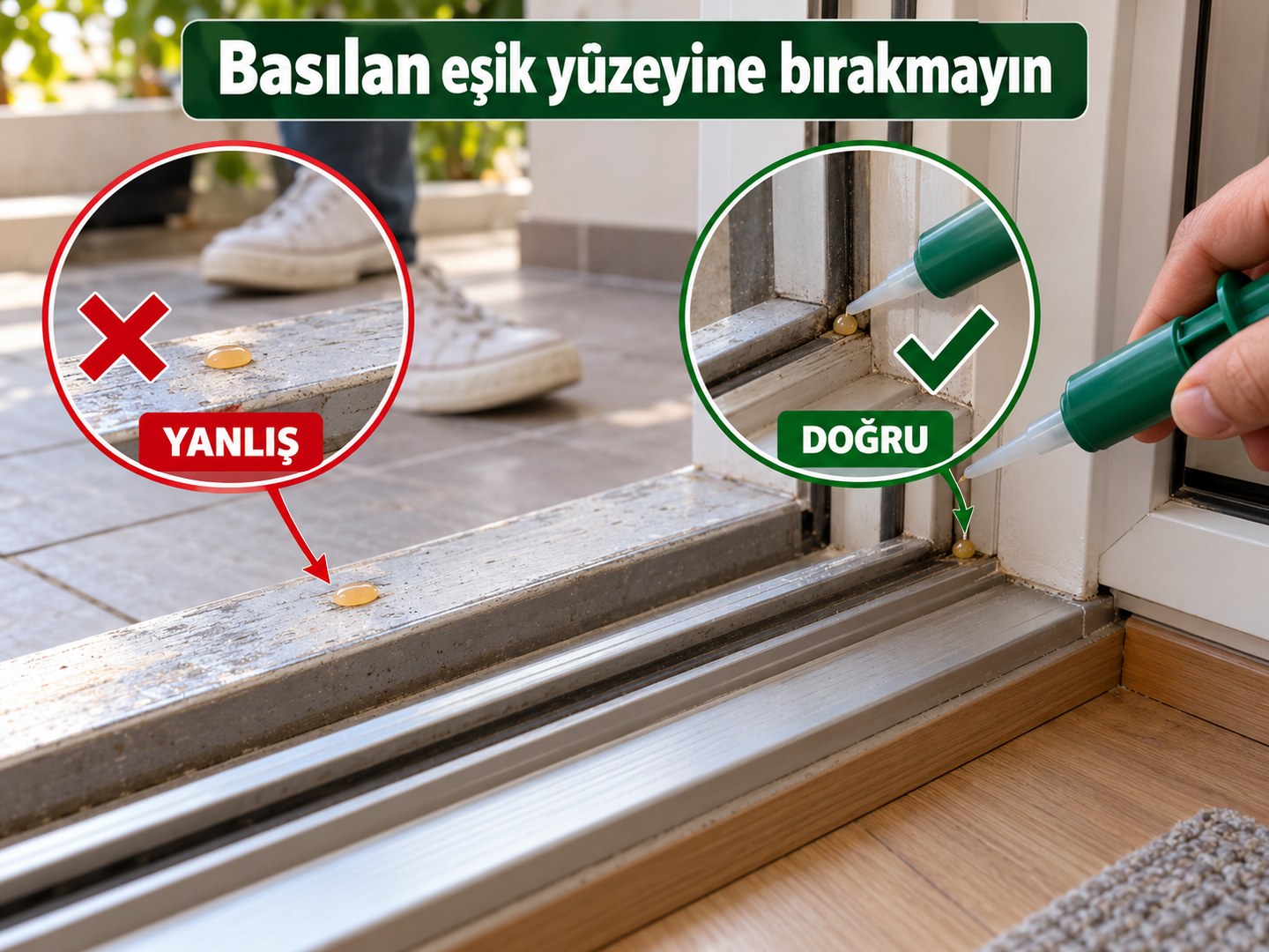 Balkon eşiğinde basılan yüzey ile korunaklı iç köşenin ayrımı