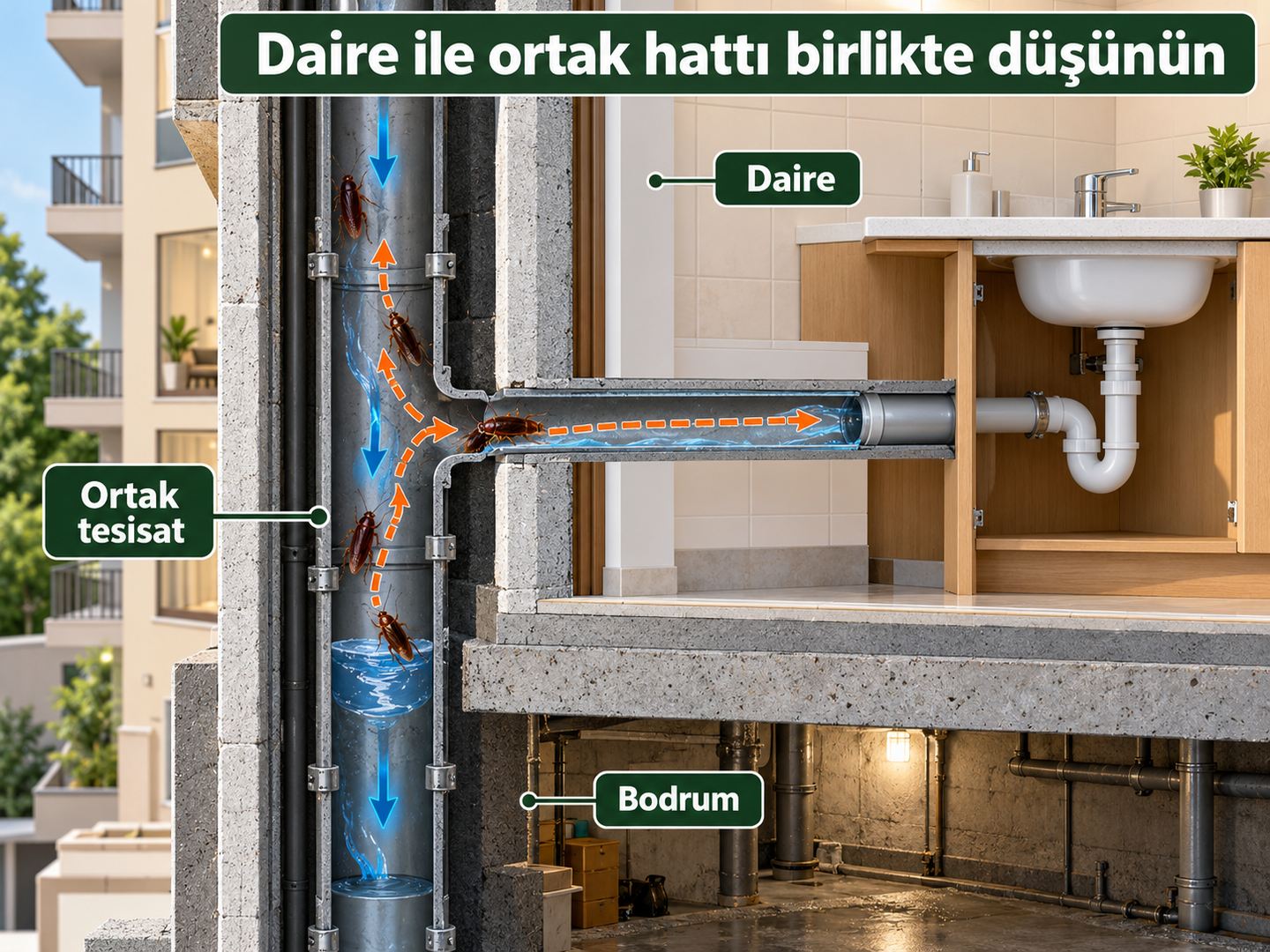 Daire, ortak tesisat ve bodrum arasındaki bağlantı şeması