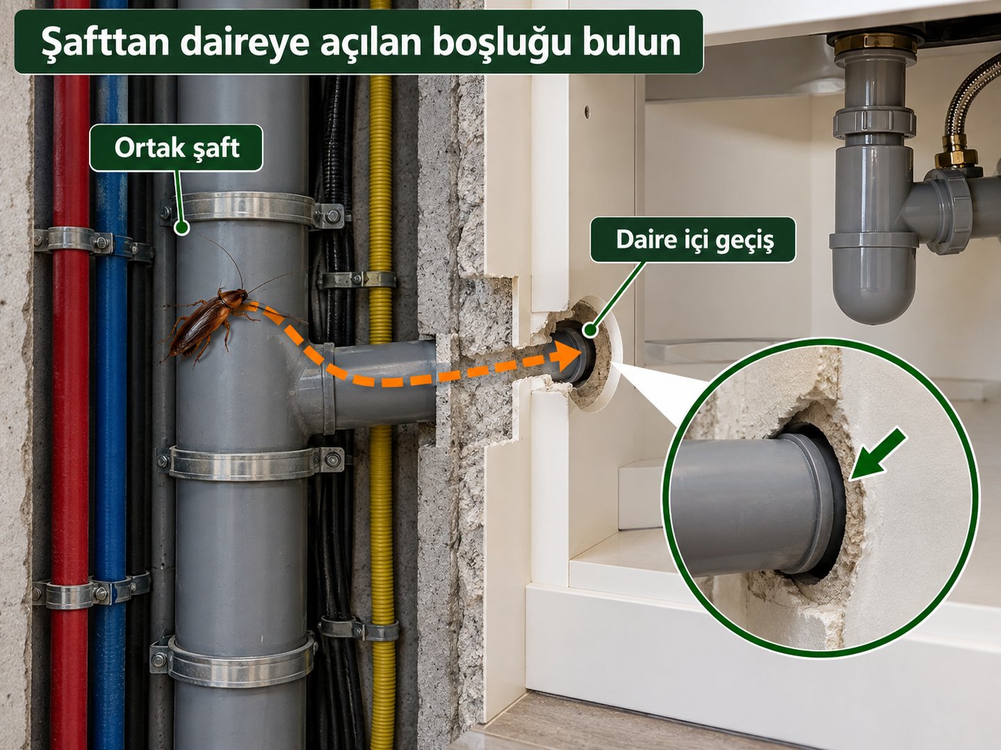 Ortak şafttan daire içindeki kuru geçişe uzanan hat