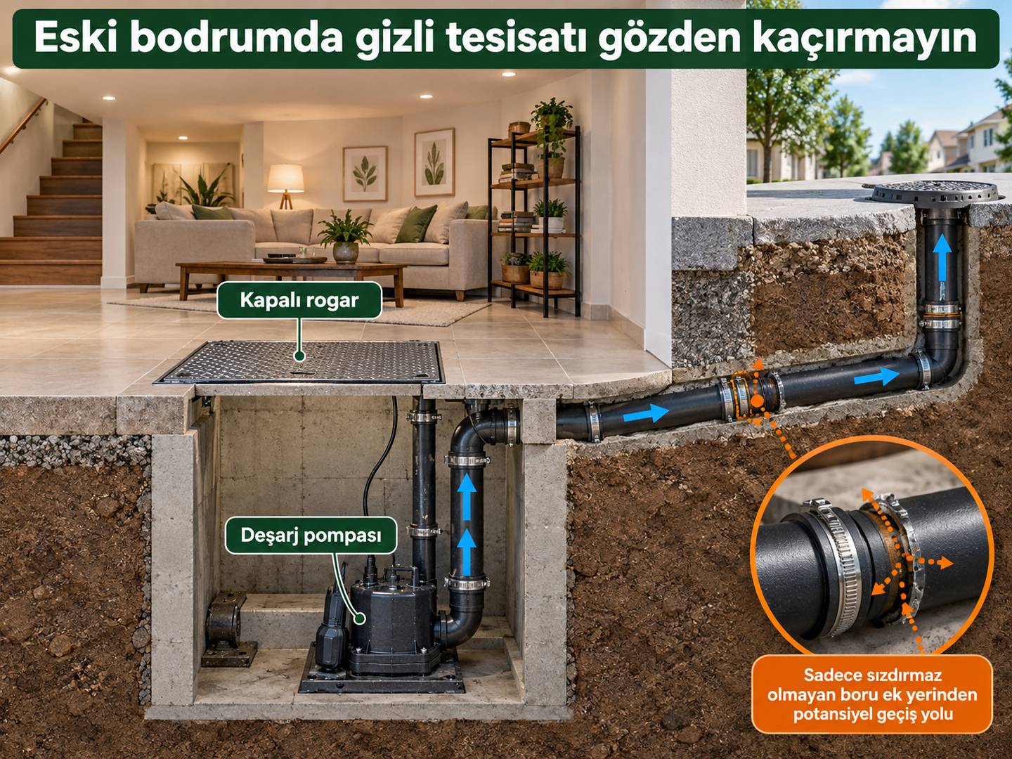 Eski bodrum dönüşümünde kapalı rogar ve deşarj bağlantısının şeması