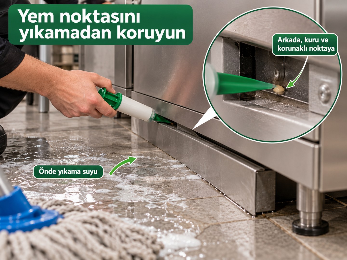 Dolap kaidesindeki yıkamadan korunan yem noktası
