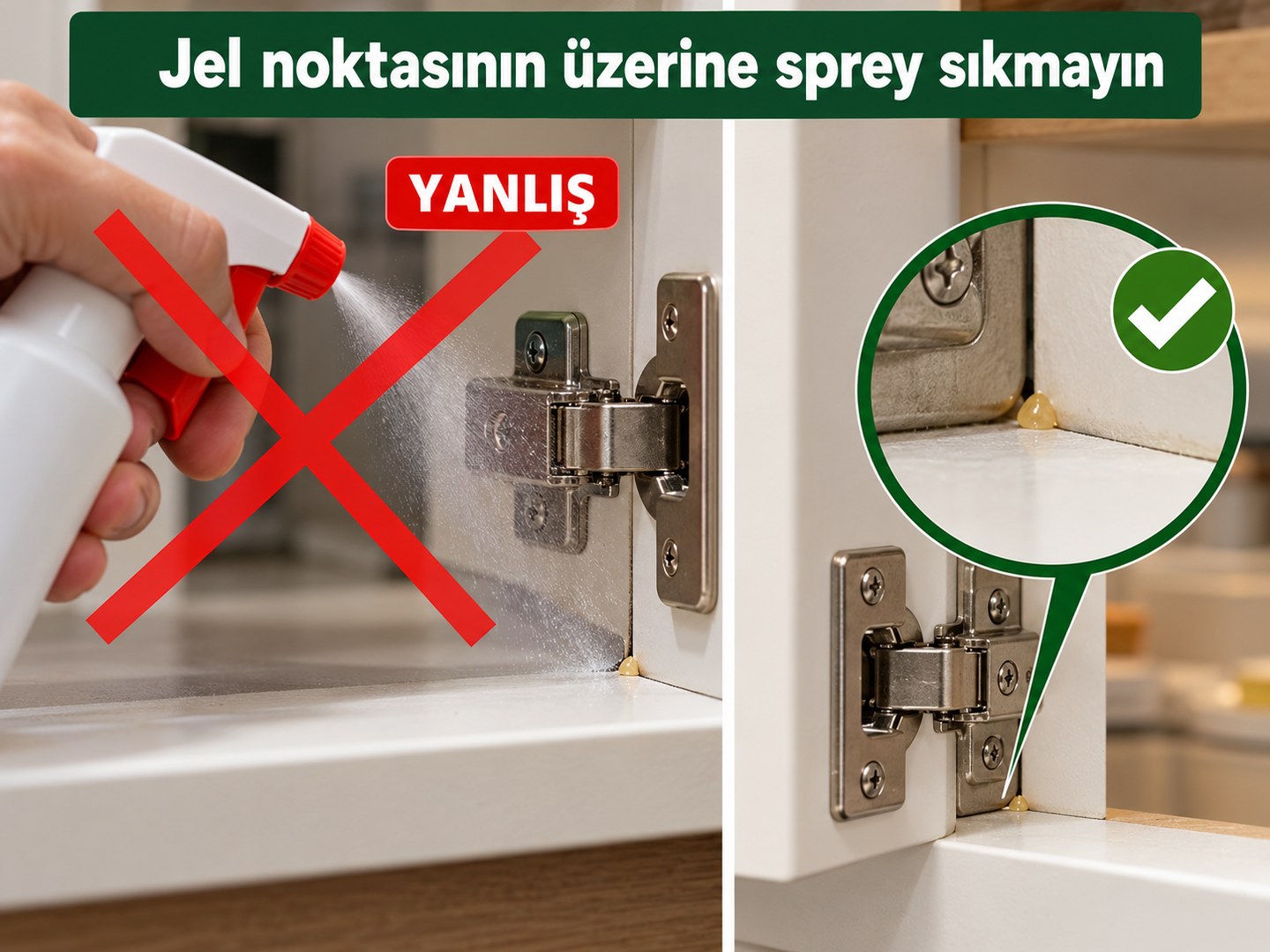 Jel damlasının üzerine sprey uygulanmasının yanlış olduğunun gösterilmesi