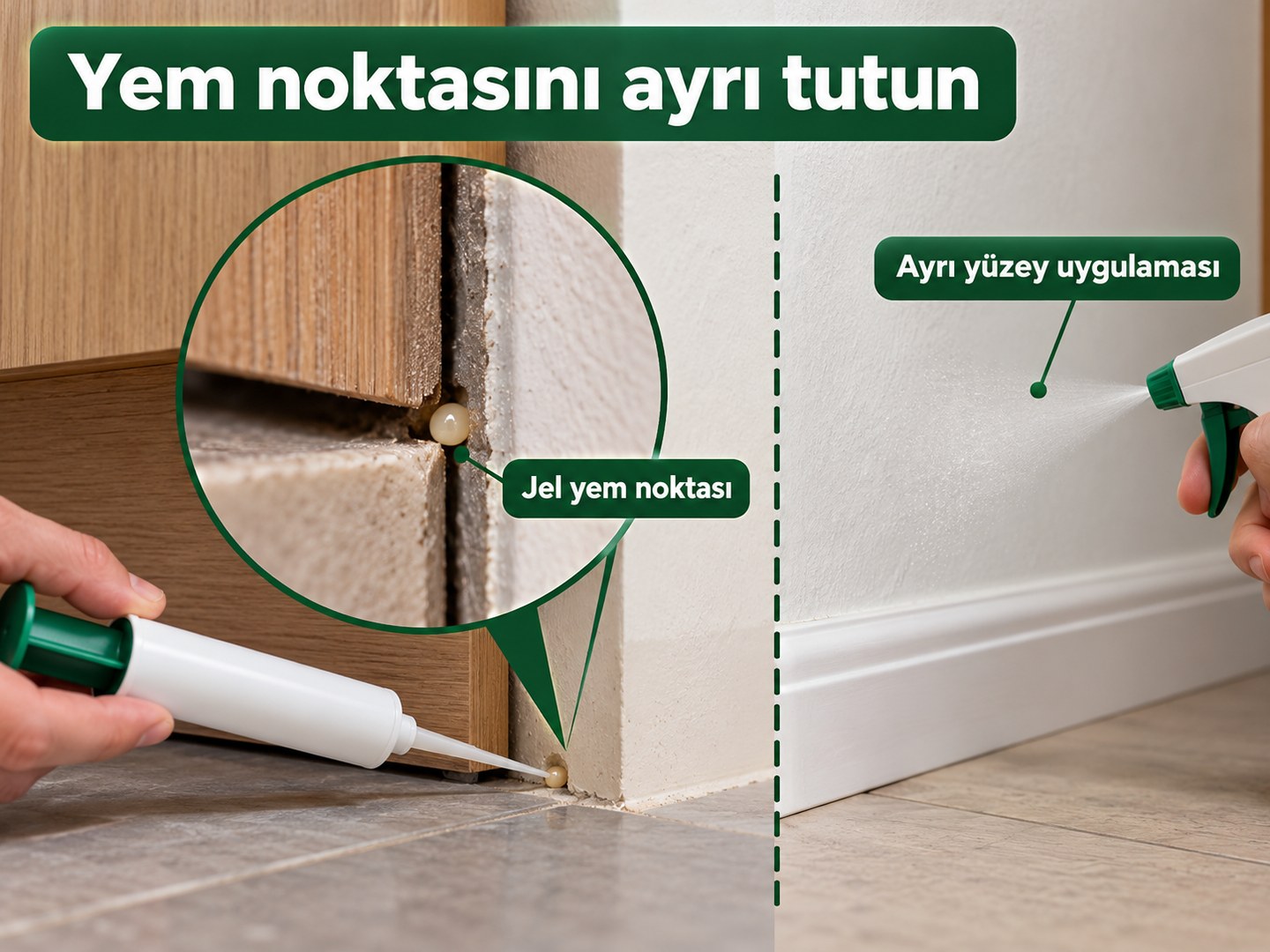 Jel noktası ile ayrı yüzey uygulama bölgelerinin şeması