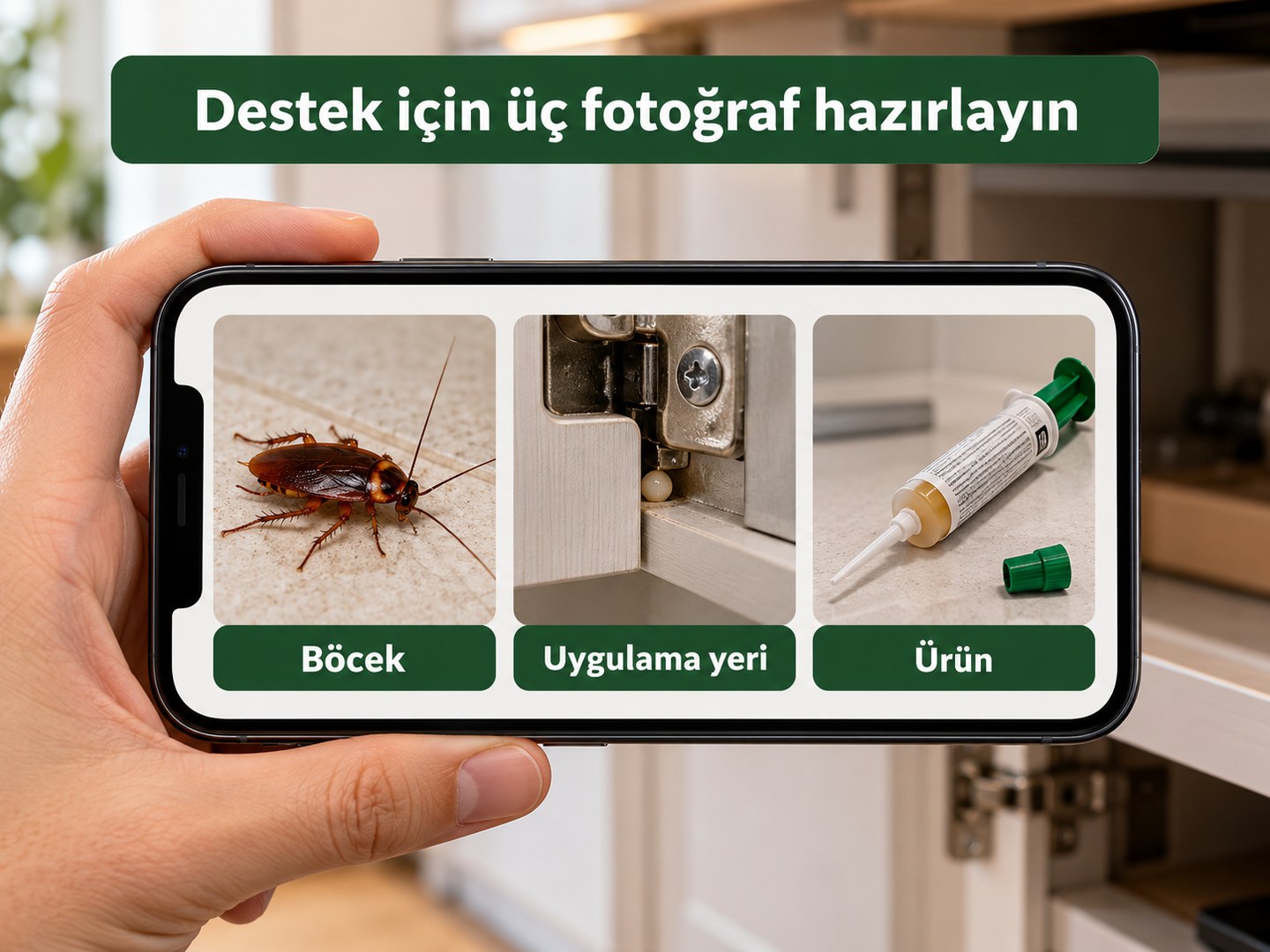 Destek için böcek, uygulama yeri ve ürün fotoğraflarının birlikte hazırlanması
