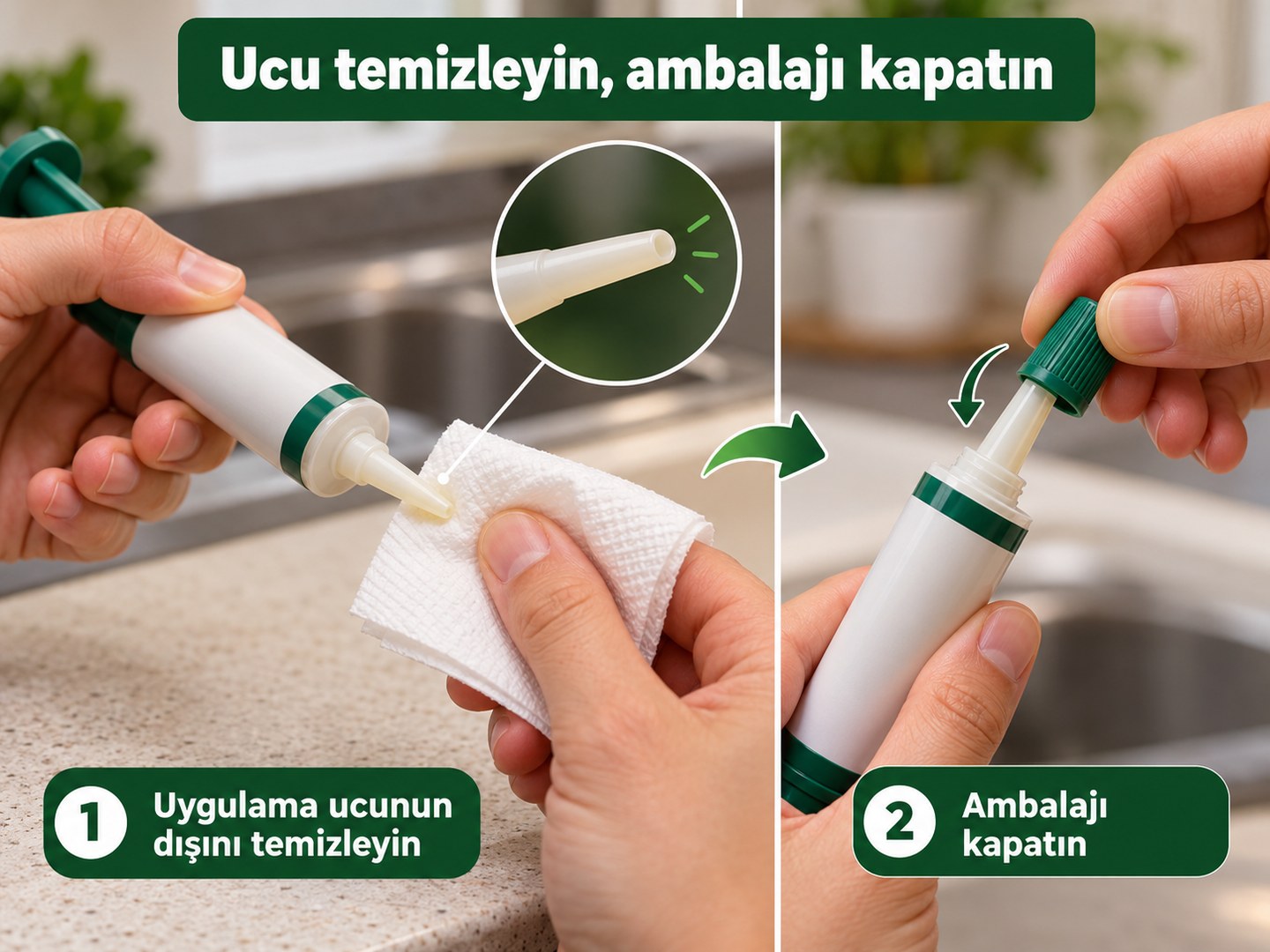 Uygulama ucunun temizlenmesi ve ambalajın kapatılması