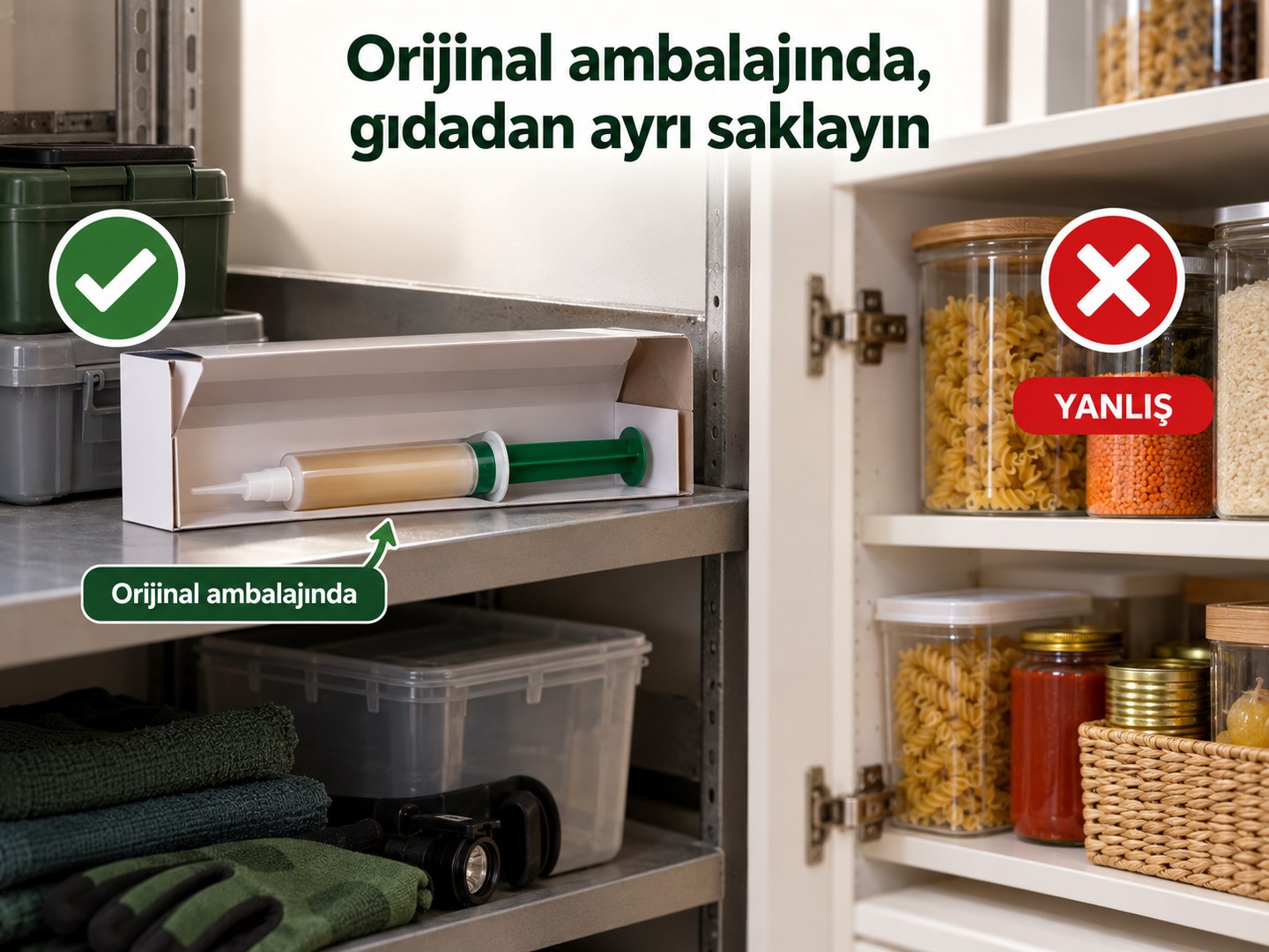 Jelin orijinal ambalajında gıdadan ayrı saklanması