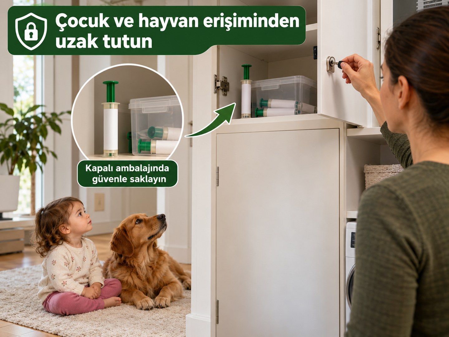 Çocuk ve hayvan erişimi dışındaki uygun saklama yeri