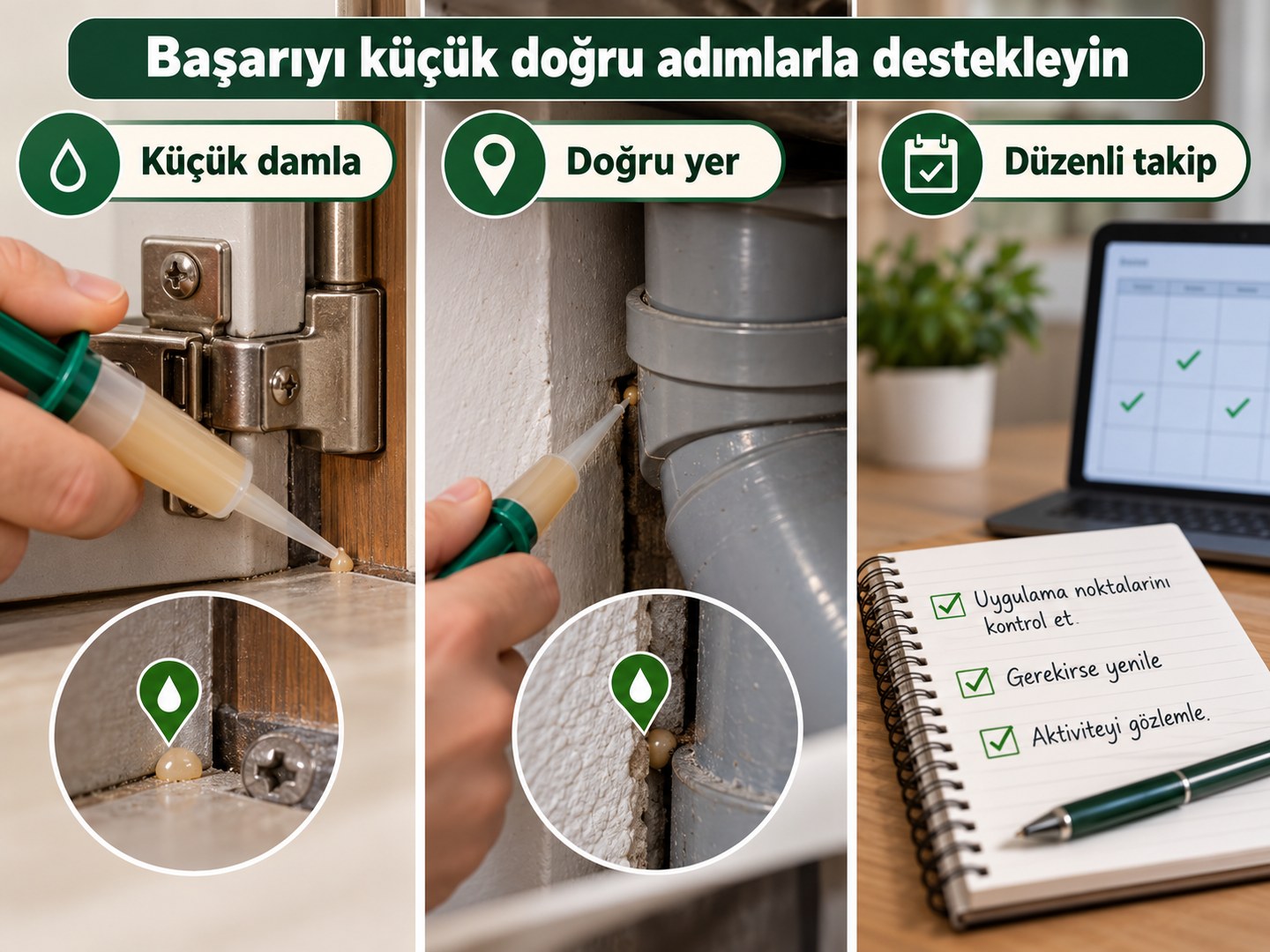 Küçük damla, doğru yer ve takipten oluşan uygulama özeti