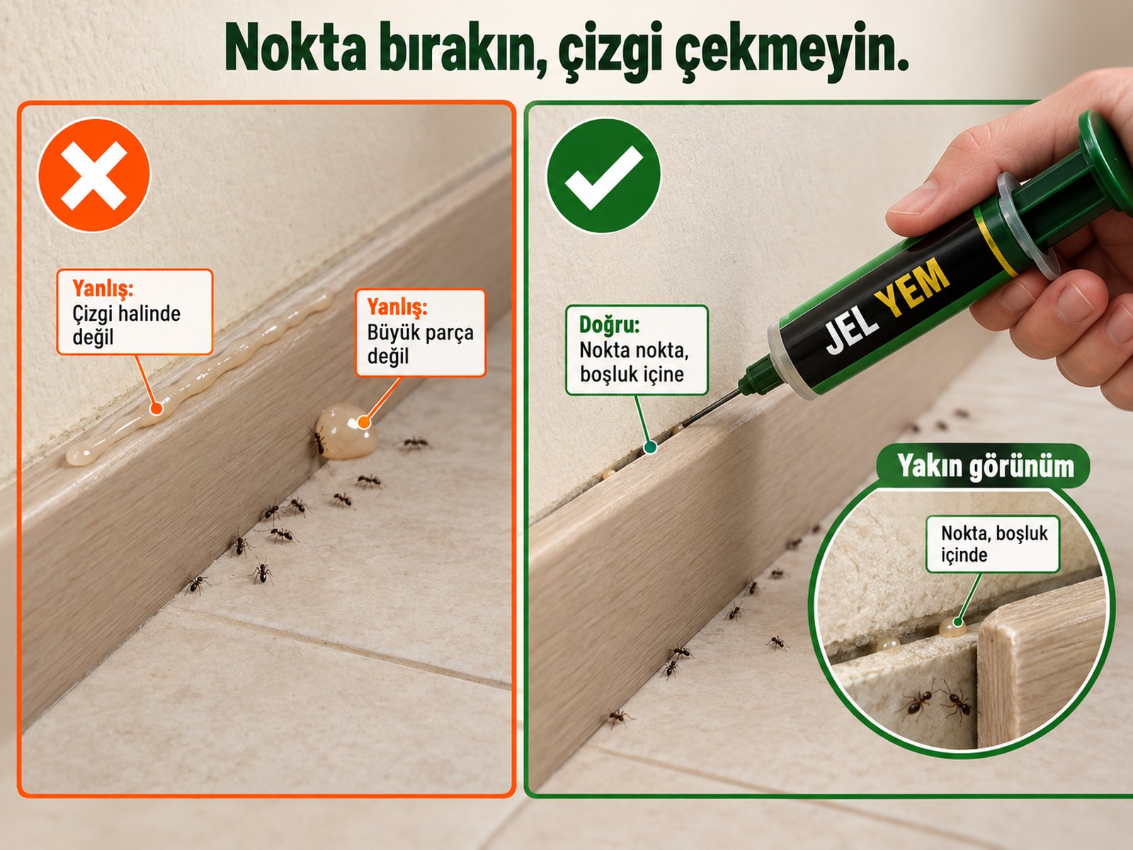 Küçük ayrı noktalar ile yanlış büyük topak ve çizgi karşılaştırması