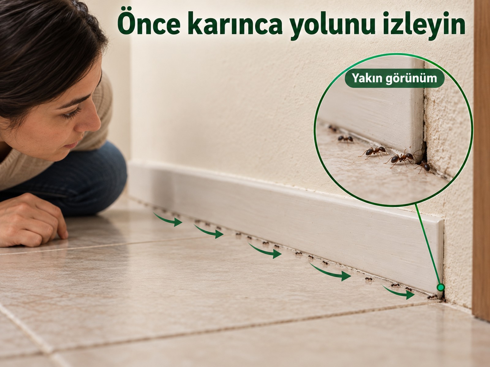 Süpürgelikte karınca yolunu müdahale etmeden izleme
