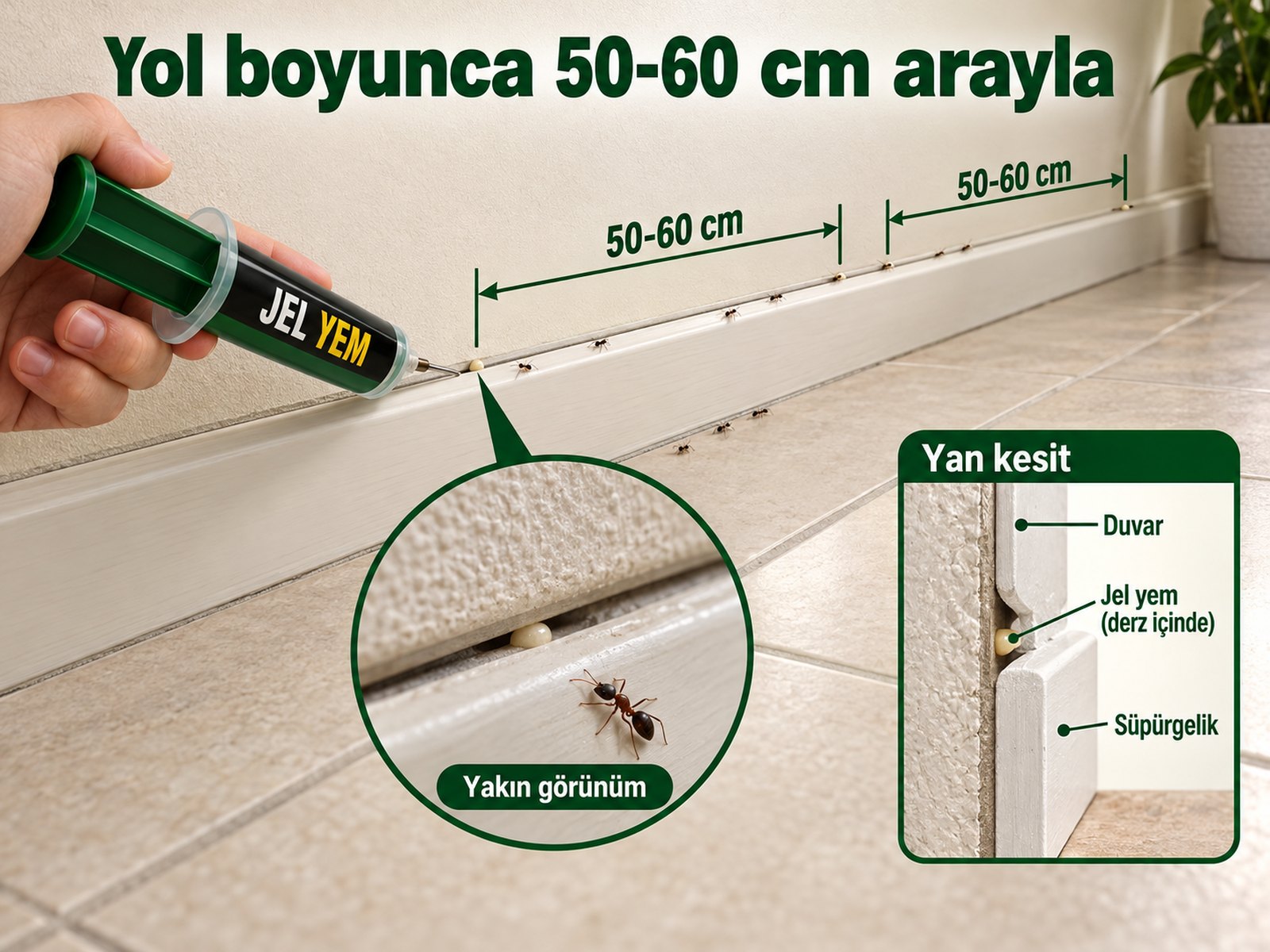 Aktif süpürgelik hattında 30-40 cm yerleştirme örneği