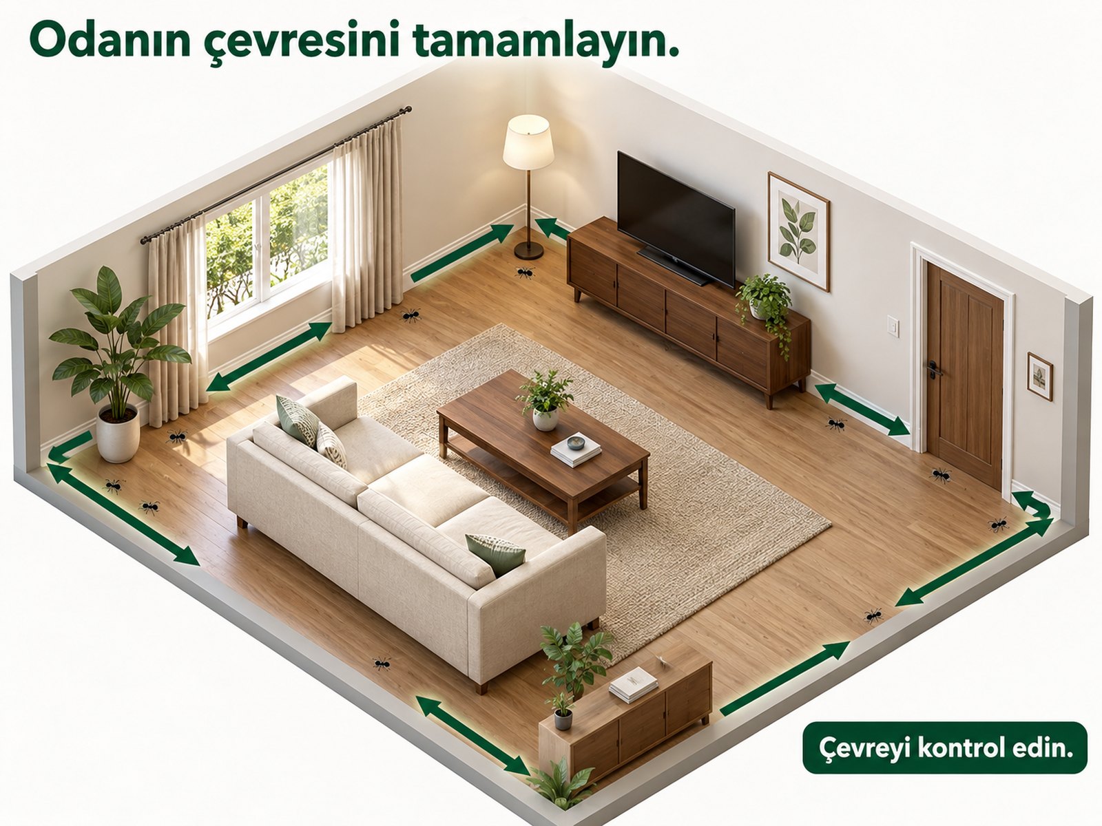 Dağınık karınca görülen odanın çevre inceleme planı