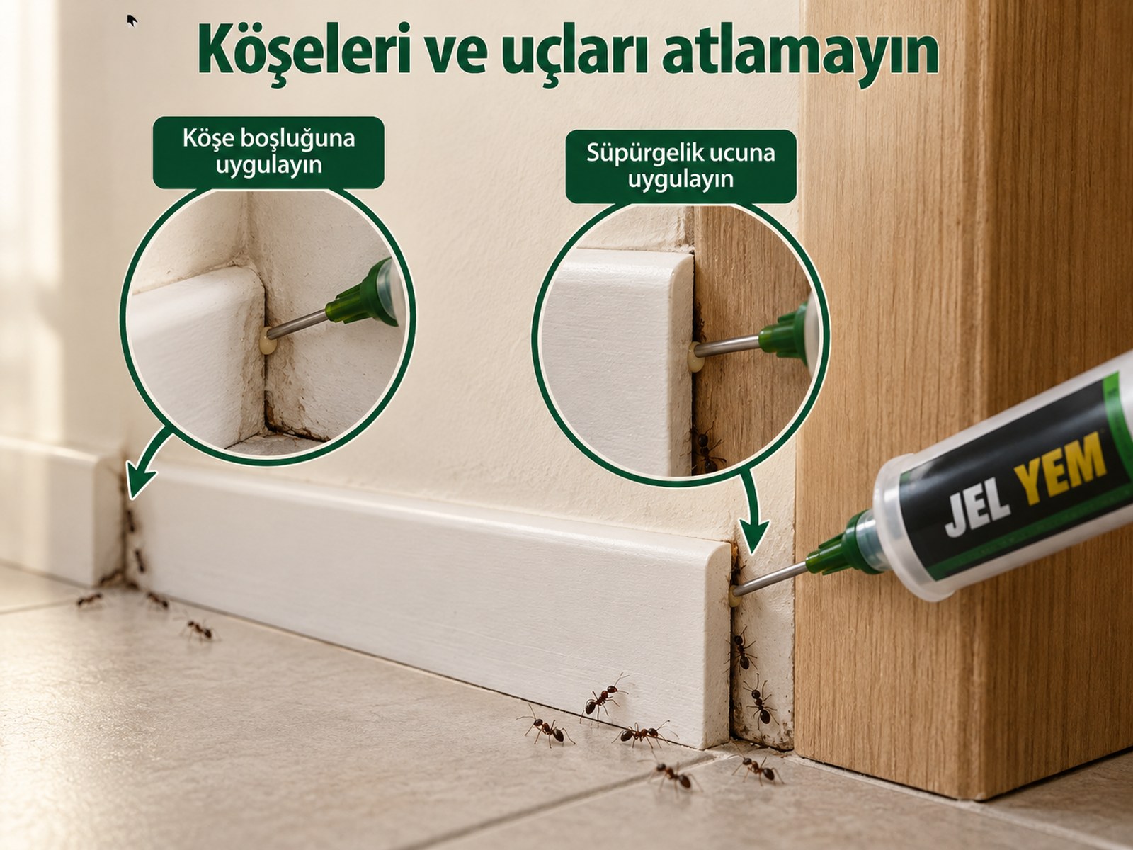Atlanan köşe ve süpürgelik ucunun bulunması