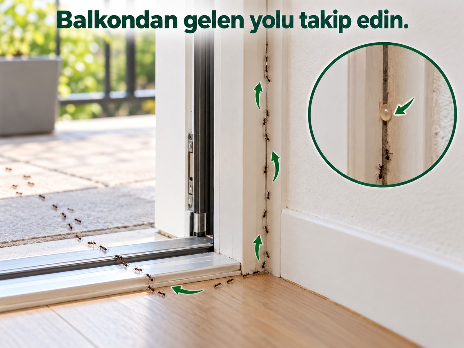 Balkon girişinden iç süpürgeliğe devam eden yol