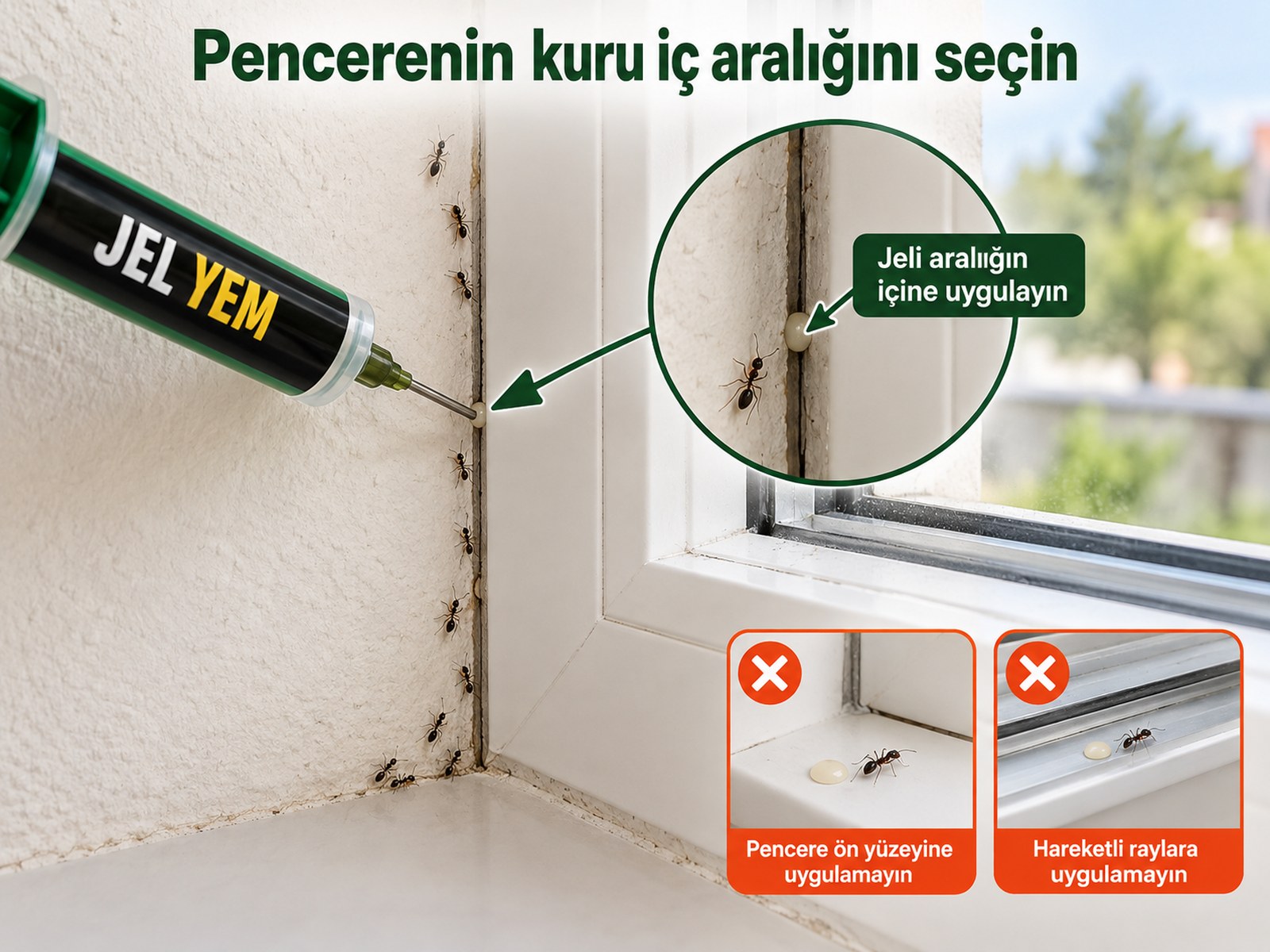 Pencere kasasının kuru iç kenarında uygulama