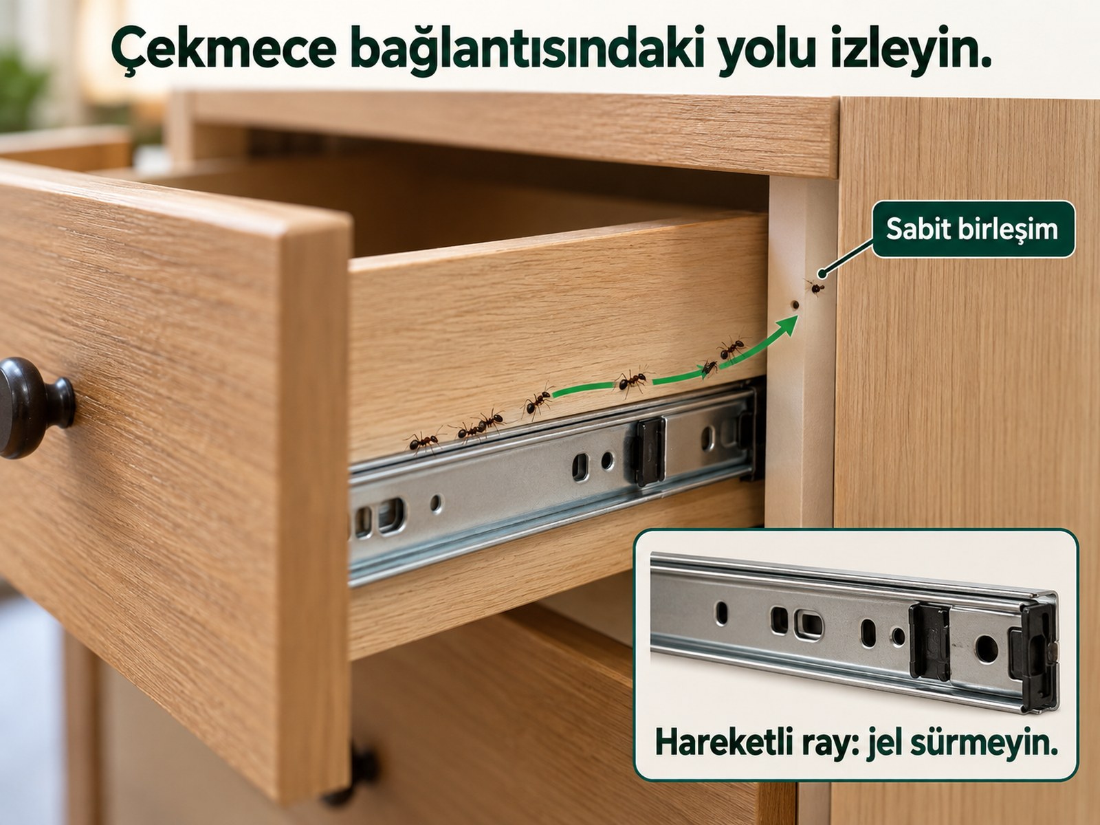 Çekmece bağlantısından dolap altına yol takibi