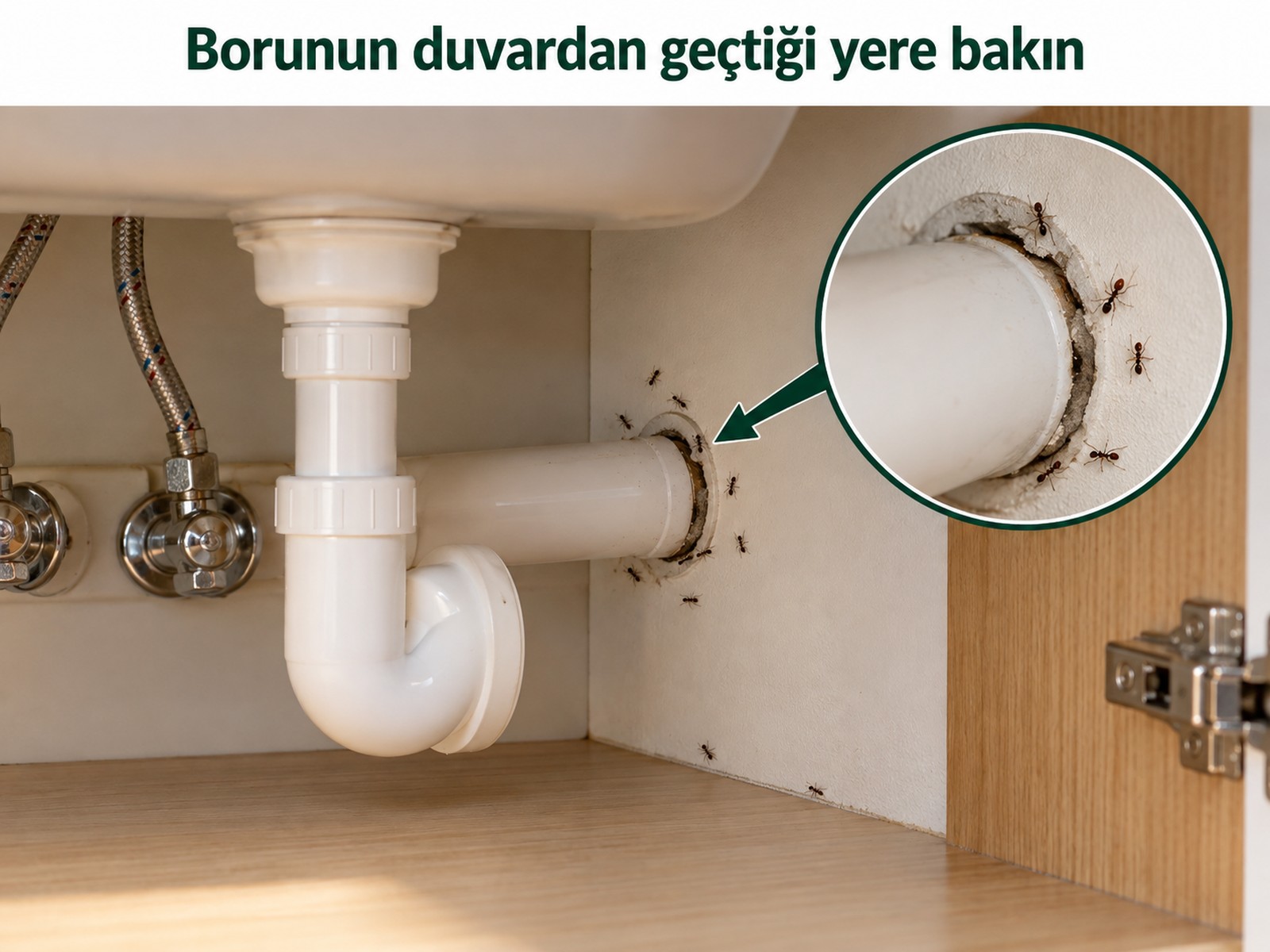 Lavabo altında boru-duvar geçişinden gelen karınca yolu
