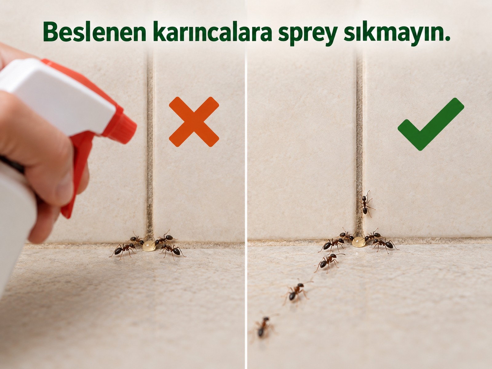 Beslenen karıncalara sprey uygulanmaması karşılaştırması