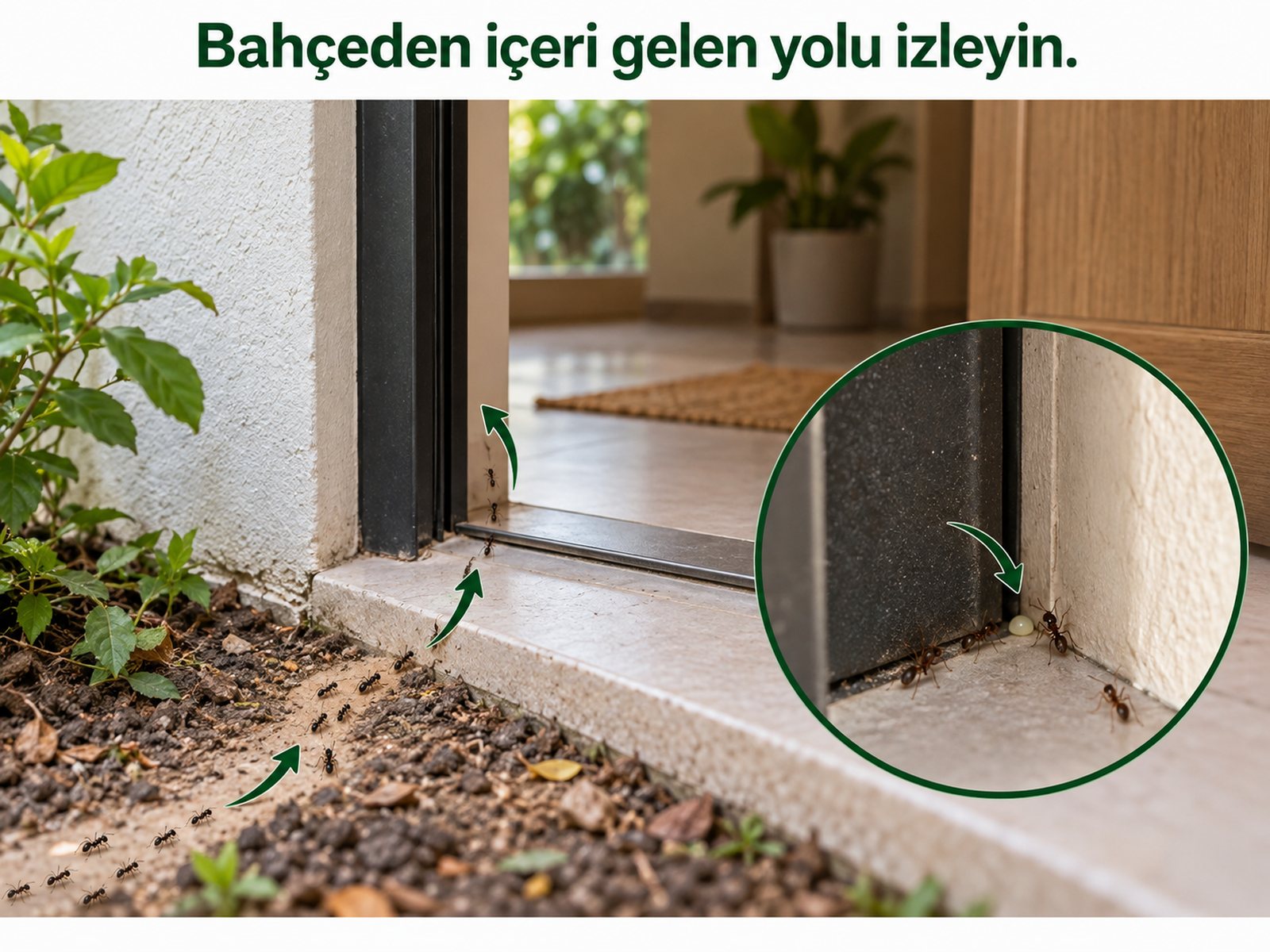 Bahçe yuvasından yapı girişine gelen karınca yolu