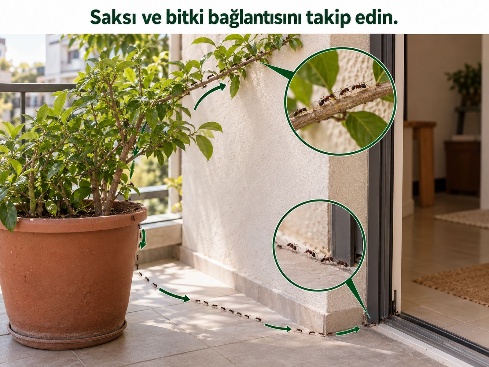 Saksı ve bitki bağlantısından bina girişine kaynak takibi