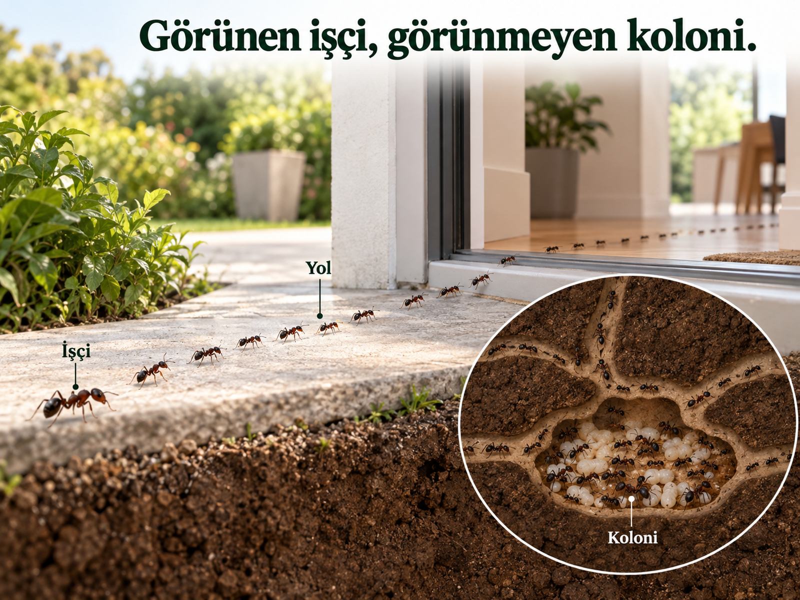 İşçi karınca yolu ile görünmeyen koloninin genel ilişkisi