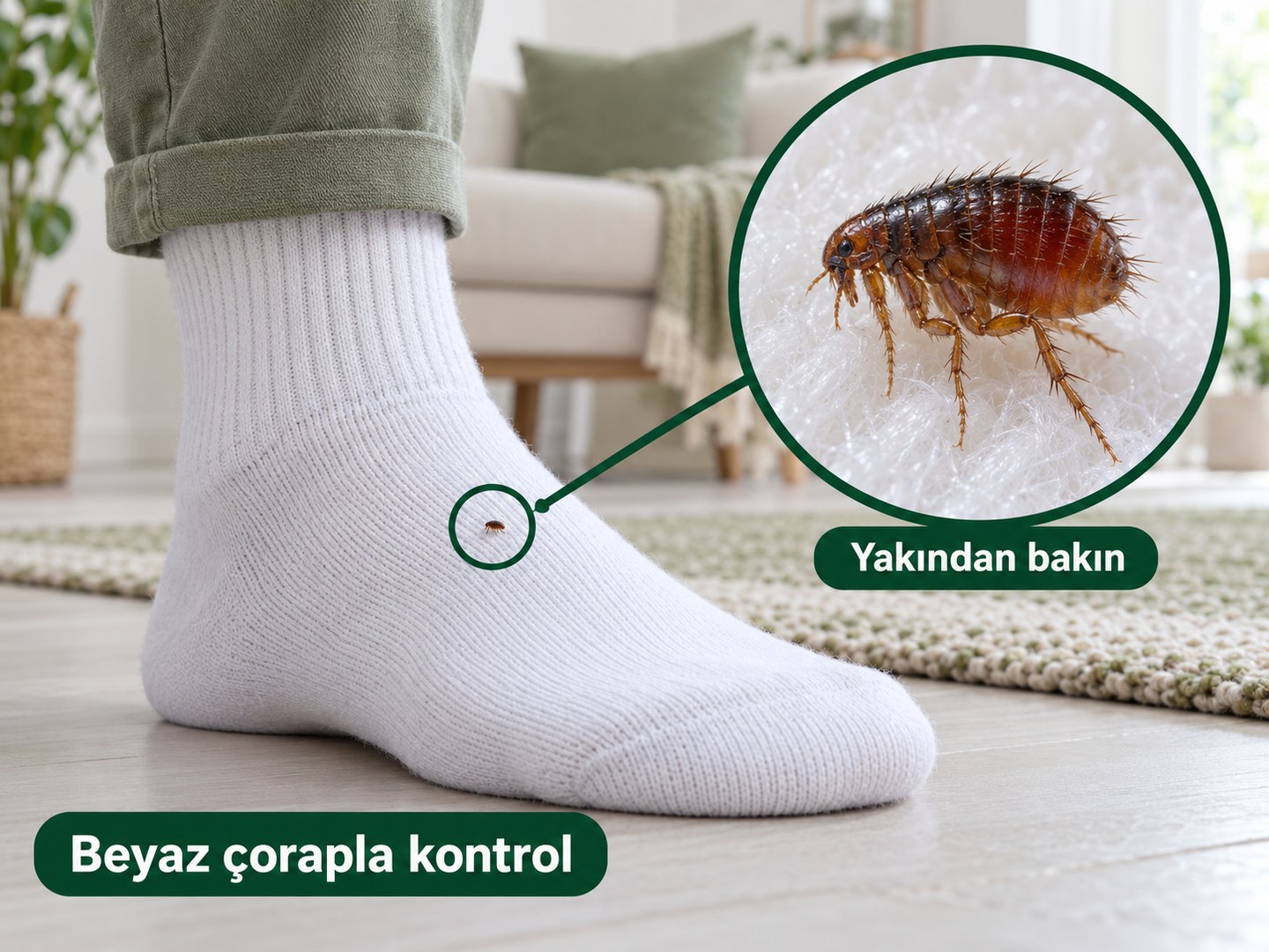 Beyaz çorap üzerinde görülen küçük koyu renkli pire