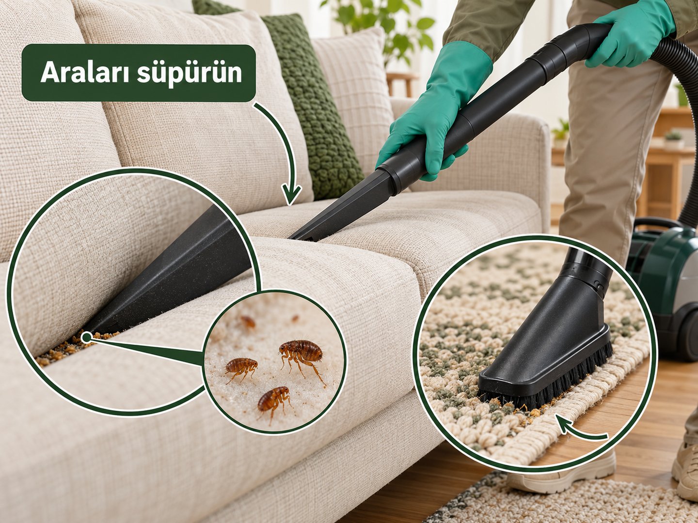 Döşeme araları ve halı kenarlarının uygun başlıkla süpürülmesi
