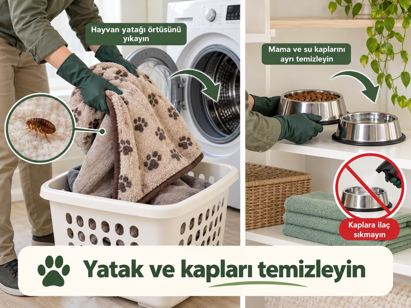 Hayvan yatağı örtüsü ve mama kaplarının ayrı temizlenmesi