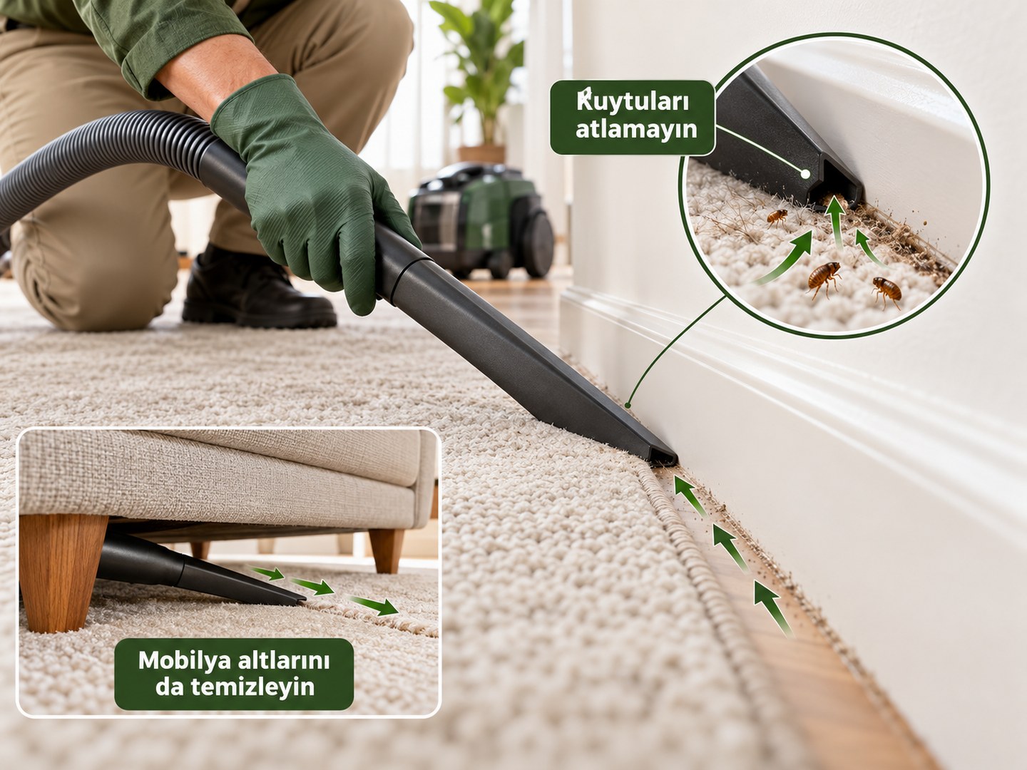 Halı kenarı ve süpürgelik çevresinin ayrıntılı vakumlanması