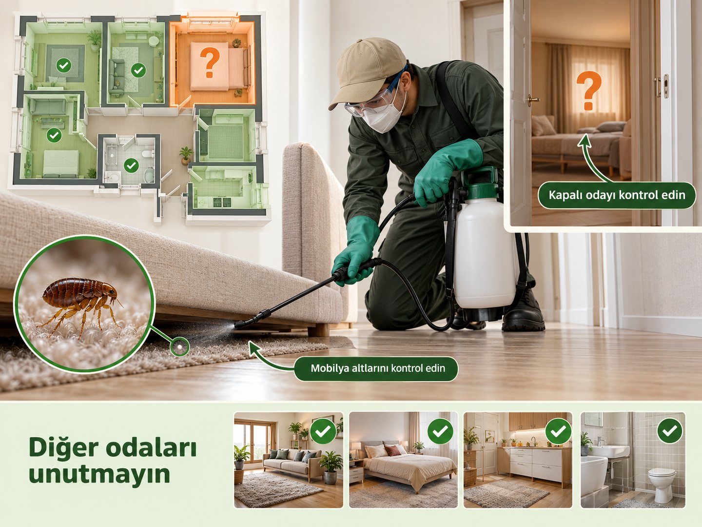 Atlanmış mobilya altı ve kapalı odanın kontrolü