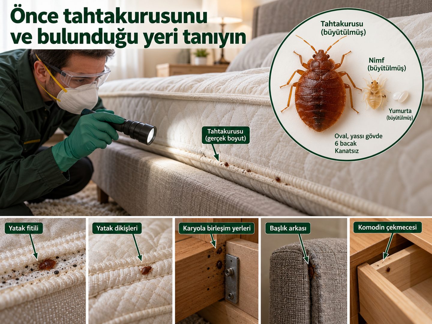 Yatak fitilinde gerçek boyutta tahtakurusu ve daire içinde büyütülmüş oval, yassı gövdesi