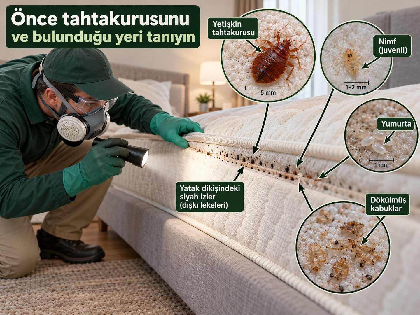 Yatak dikişindeki siyah izler, açık renkli yumurtalar ve dökülmüş kabukların oklarla gösterilmesi