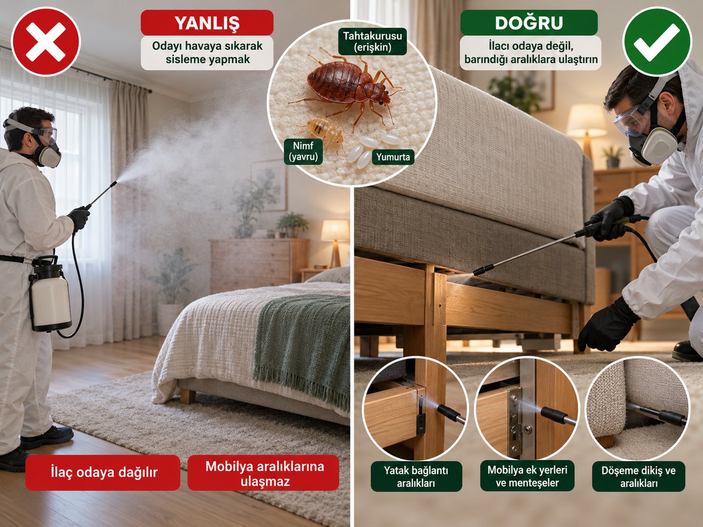 Odayı havaya sıkarak sisleme ile mobilya aralığına hedefli uygulamanın yanlış ve doğru olarak karşılaştırılması