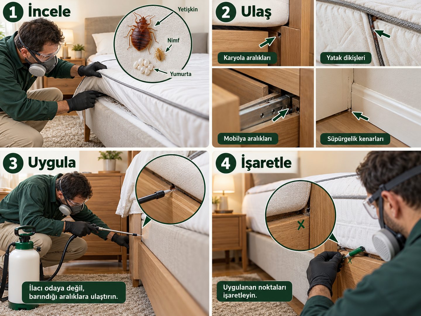 İncele, ulaş, uygula, işaretle sırasının dört kareli görsel anlatımı
