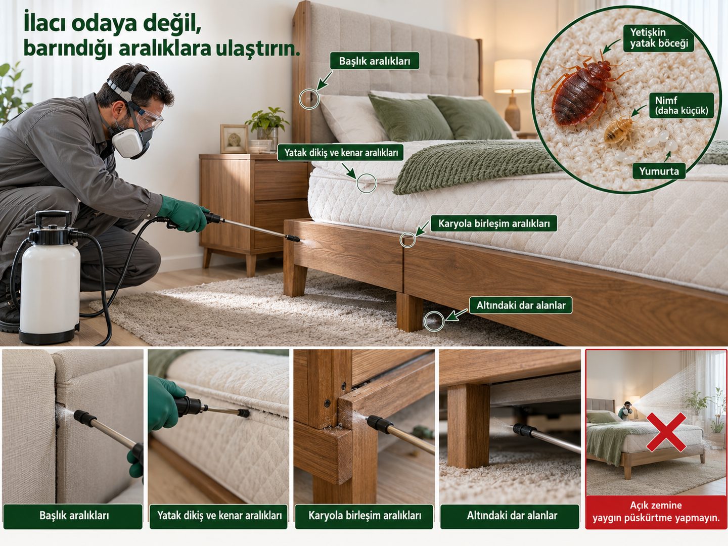 Açık zemine yaygın püskürtme yerine yatak çevresindeki belirli saklanma aralıklarının seçilmesi